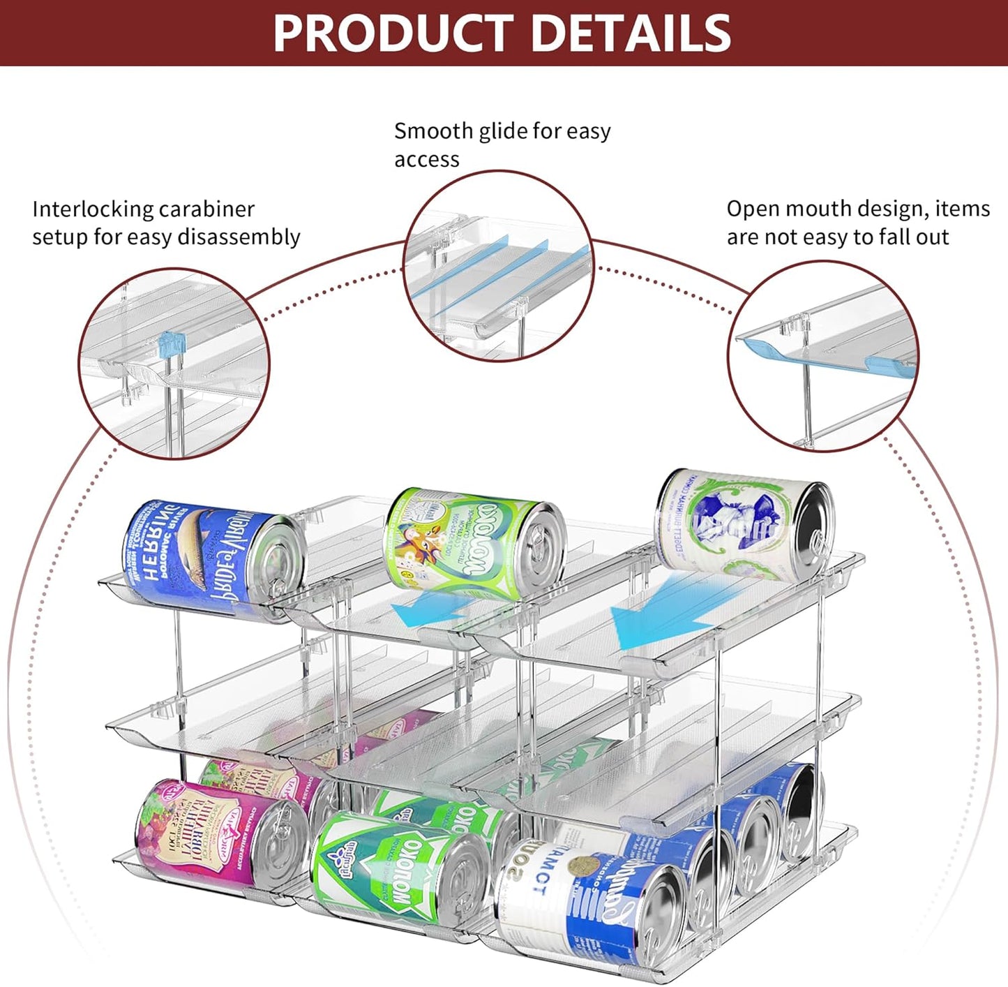 Can Organizer for Pantry, 6 Sets 3Tiers Can Storage Organizer Pantry, Soda Can Organizer for Fridge 72 Cans Rack Automatic Rolling Stackable Canned Food Organizer,Clear