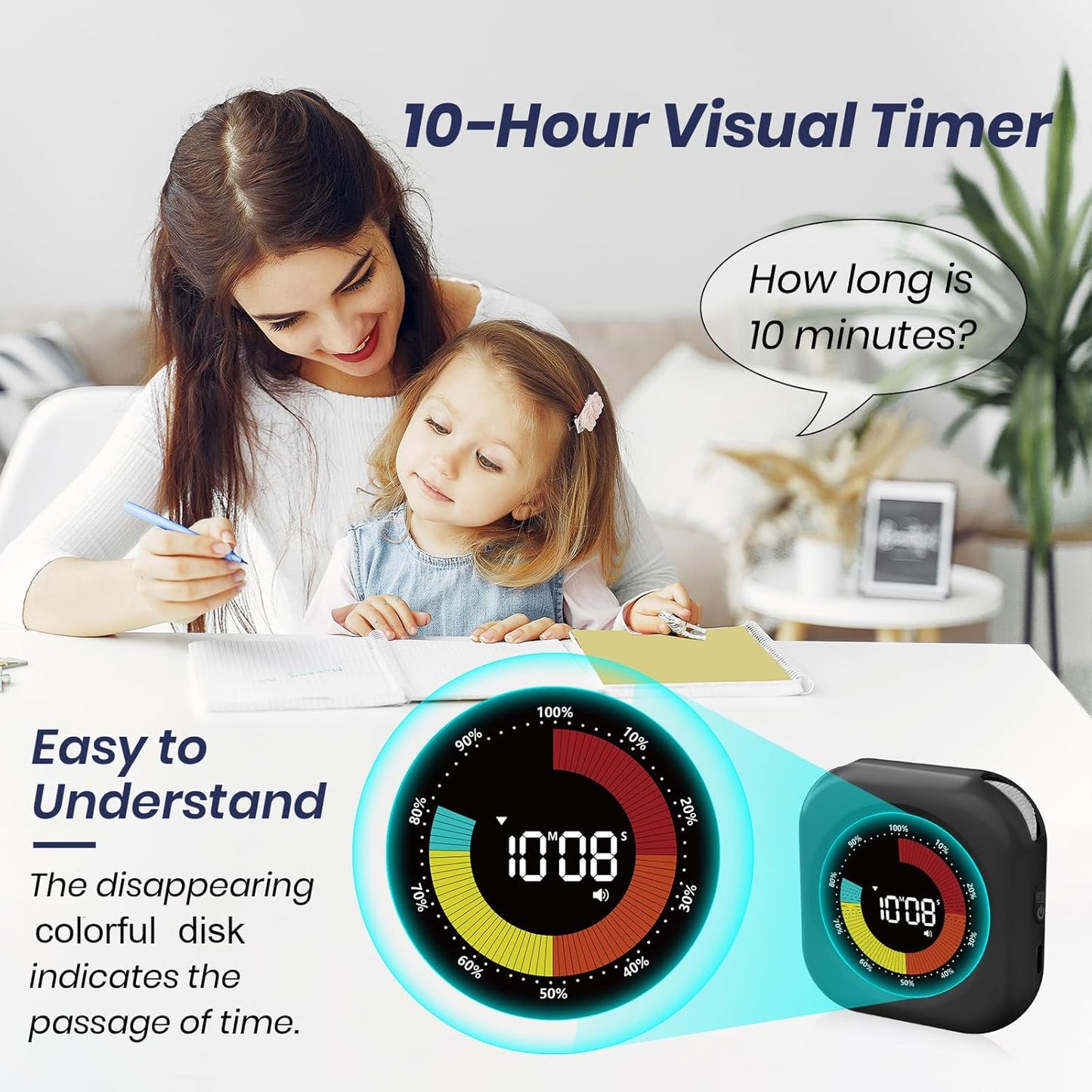 Visual Timer for Kids, 10 Hours Countdown/Up, with Rechargeable, 3 Volume Levels, 3 Brightness Display, and Magnetic, Homeschool Study Tool, Large Digital Timers for Classroom, Kitchen
