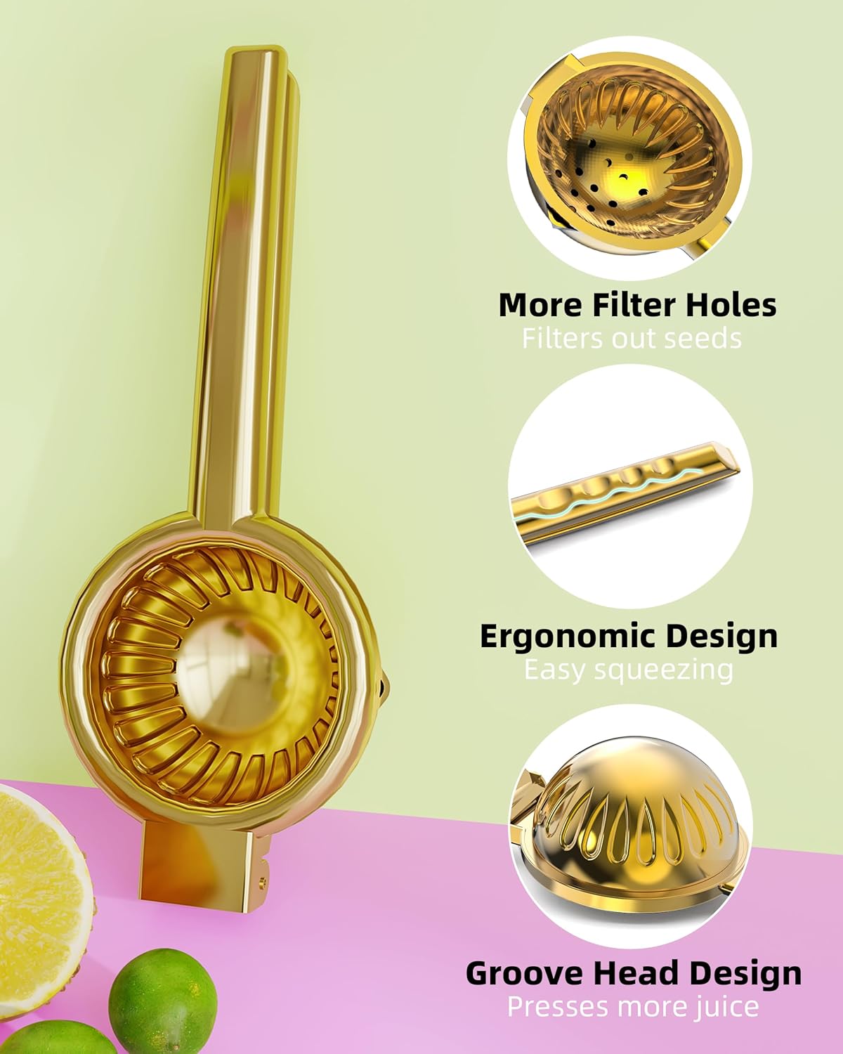 Lemon Squeezer Stainless Steel - Heavy Duty Solid Metal Squeezer Bowl - Large Manual Citrus Press Juicer and Lime Squeezer - 2 in 1 hand Juicer - Store Juice -No Splashing-Gold