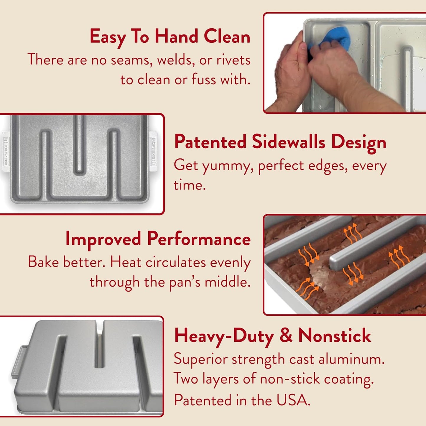 Baker's Edge Brownie Pan, The Original All Edges Brownie Pan for Baking | Premium Double Nonstick Coating, Heavy Gauge Cast Aluminum, Rectangular 9x12” Size Baking Pan - US Patented Design