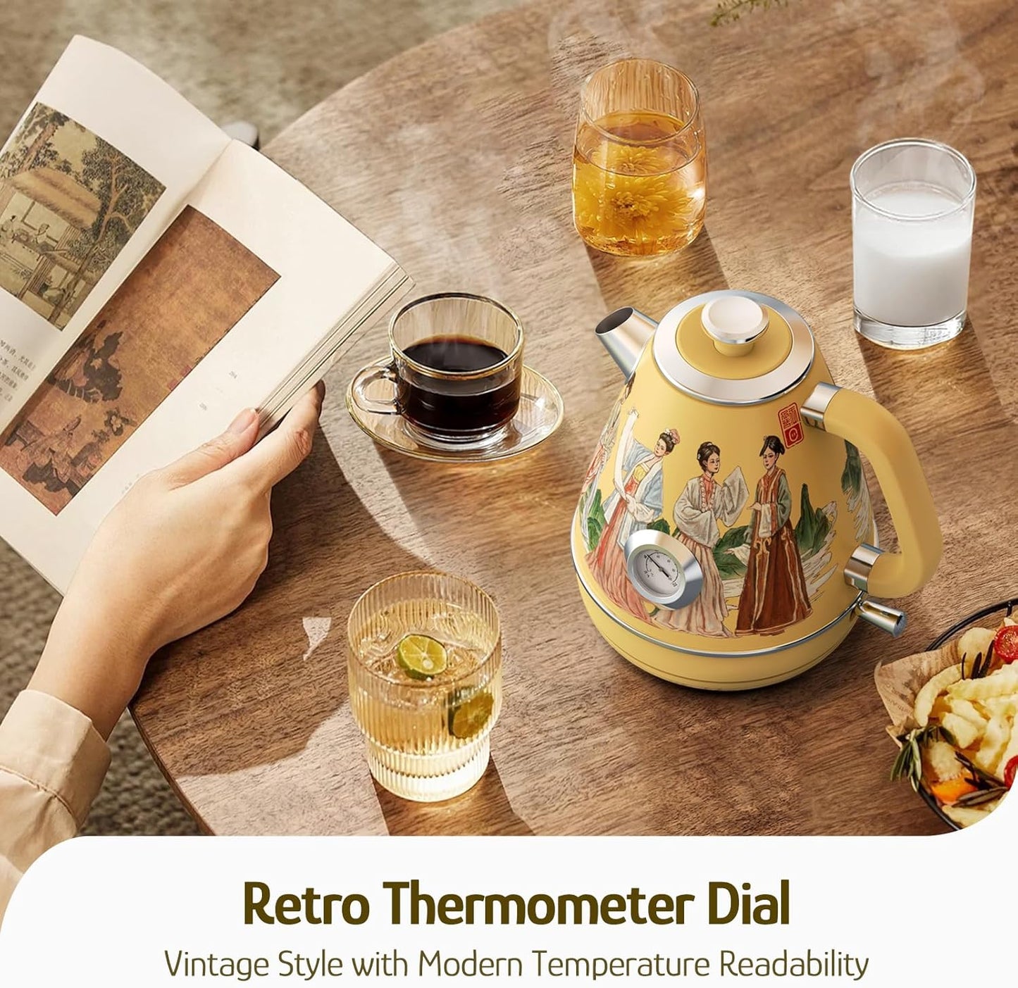 Hazel Quinn Retro Electric Kettle - 1.7 Liters / 57.5 Ounces Tea Kettle with Thermometer, All Stainless Steel, 1200 Watts Fast Boiling, BPA-free, Cordless, Automatic Shut Off - Finery