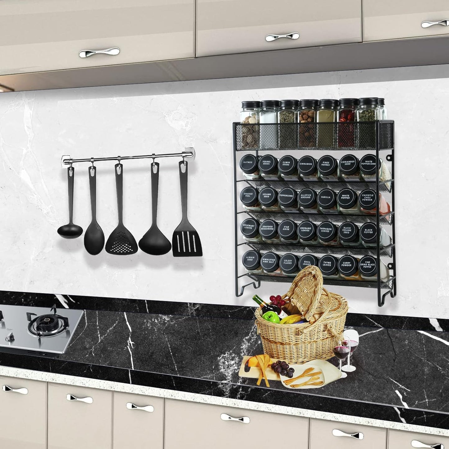 Spice Rack Organizer with 28 Spice Jars, Black Lids，Spice Labels, Chalk pen and Funnel Set for Cabinet, Countertop, Pantry, Cupboard or Wall Mount