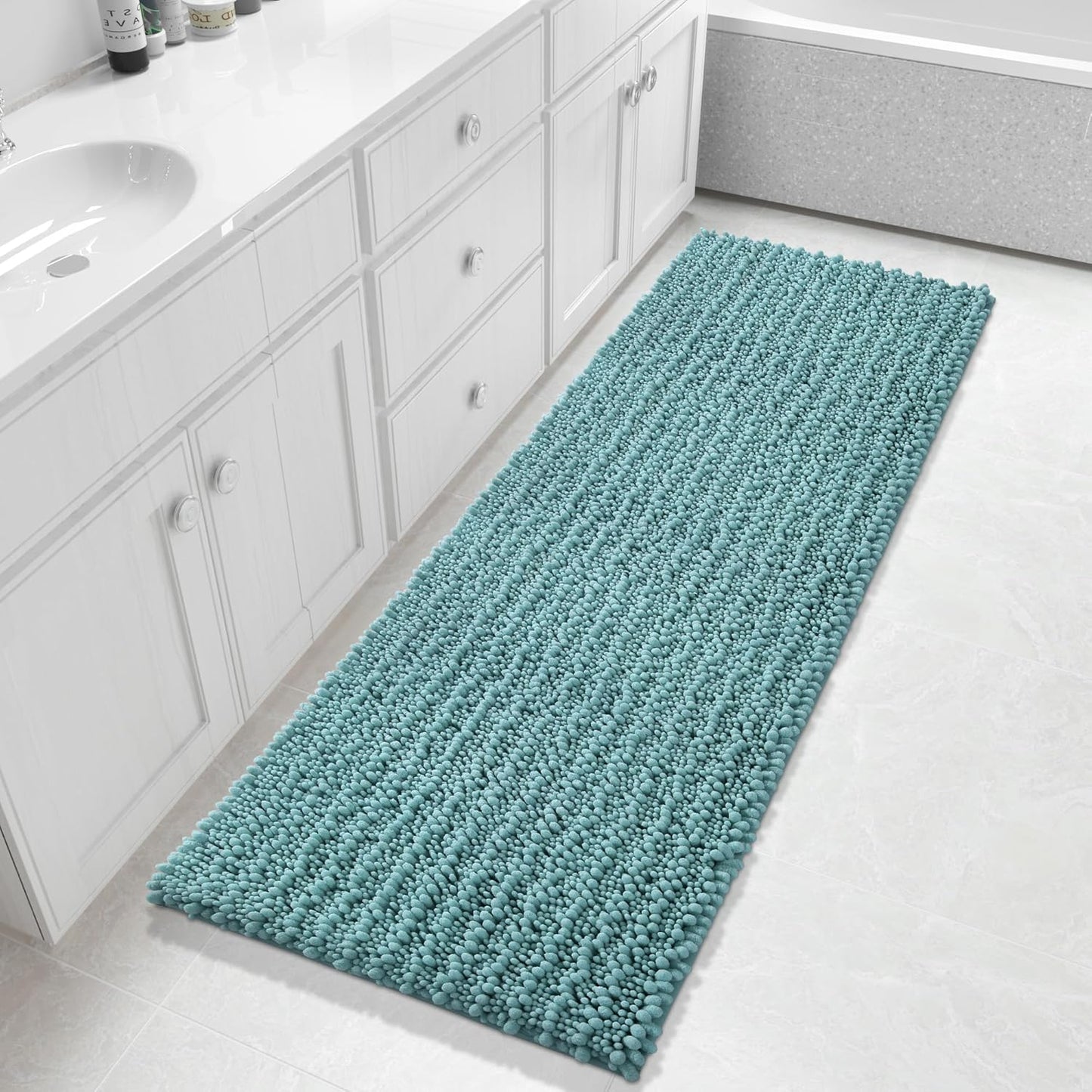 Yimobra Bathroom Runner Rug 60x24 Inch - Extra Long Non Slip Chenille Bath Mat, Soft & Absorbent, Machine Washable Shaggy Hallway Carpet for Vanity Tub Shower, Teal Blue Home Decor Accessories