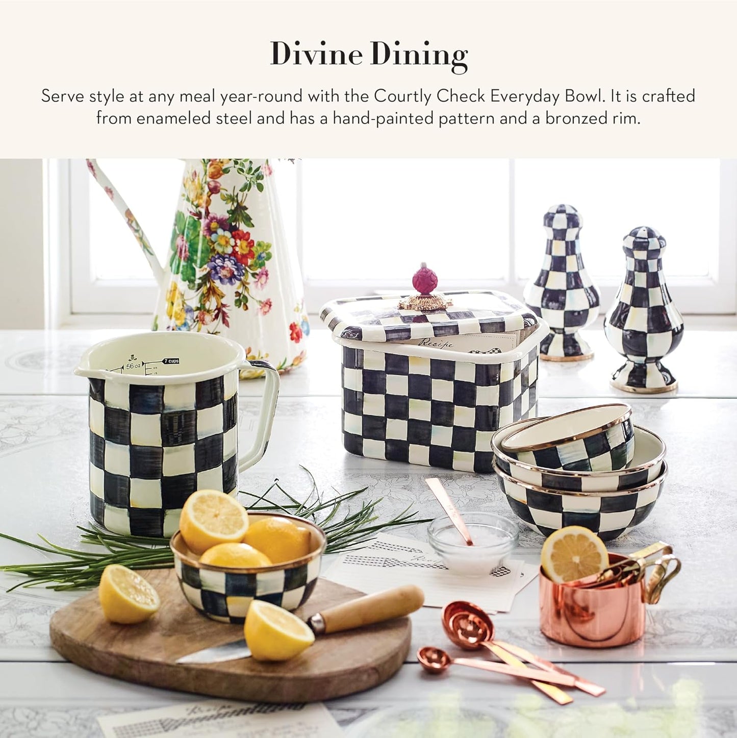 MACKENZIE-CHILDS Enamel Everyday Bowl, Serving Bowl for Entertaining, Extra-Small, Black-and-White Courtly Check, Set of 4