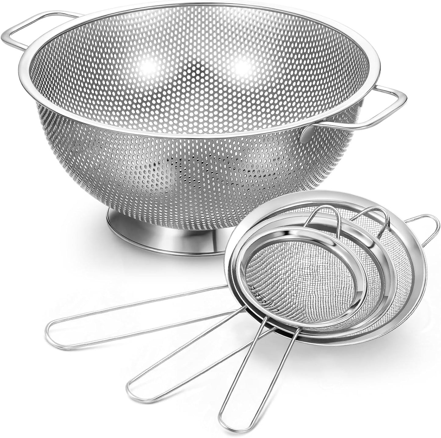 Norme 4 Quart Stainless Steel Silver Colander and 3 Pcs Silver Fine Mesh Strainer, Stainless Steel Pasta Rice Food Metal Strainer with Handles, Easy Clean and Dishwasher Safe