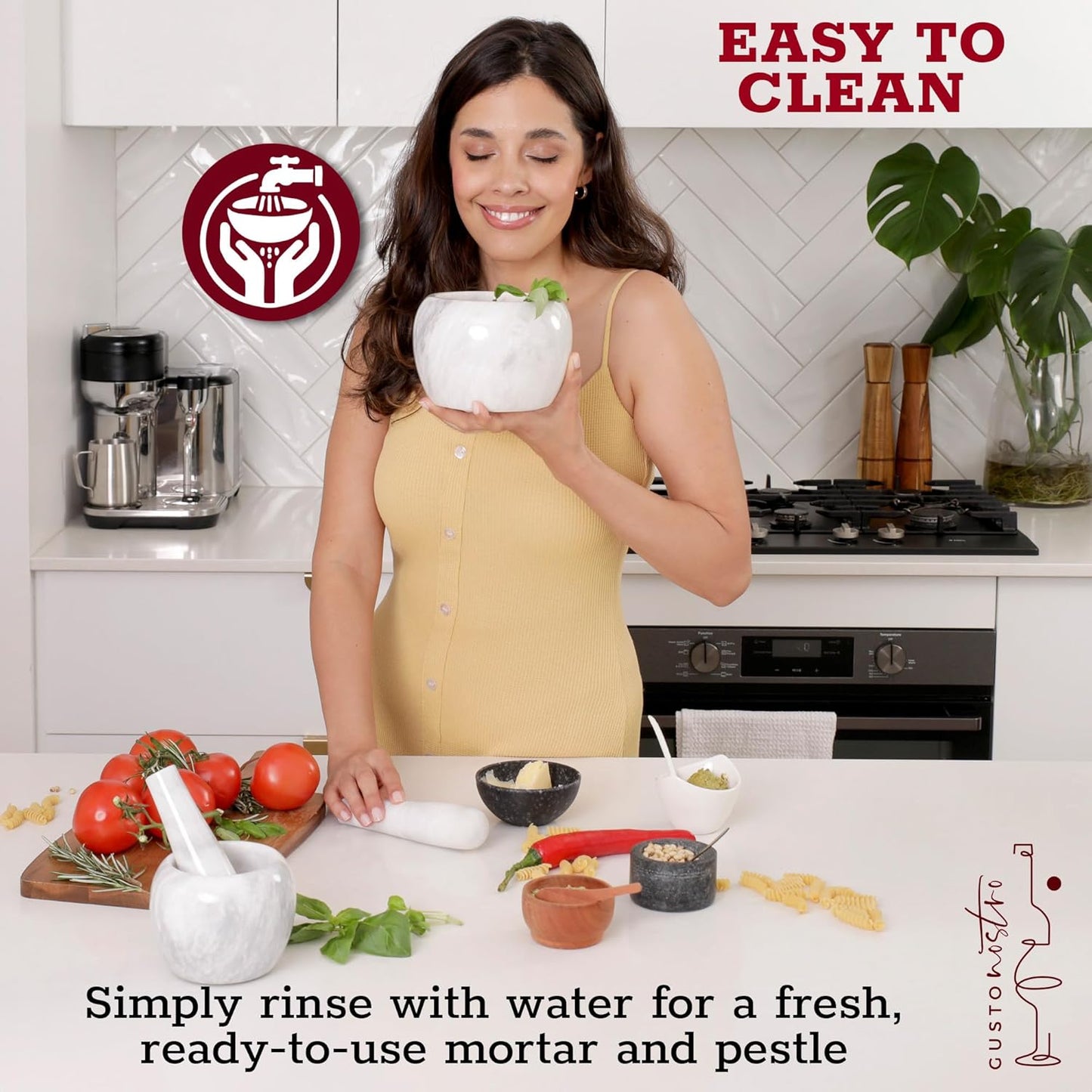 Gusto Nostro Natural Marble Mortar and Pestle Set | 6 Inch - 3.5 Cup Extra Large Mortar Pestle Set for Grinding Herbs, Nuts, Grains | Pesto Grinding and Guacamole Stone Bowl | Marble Spice Crusher