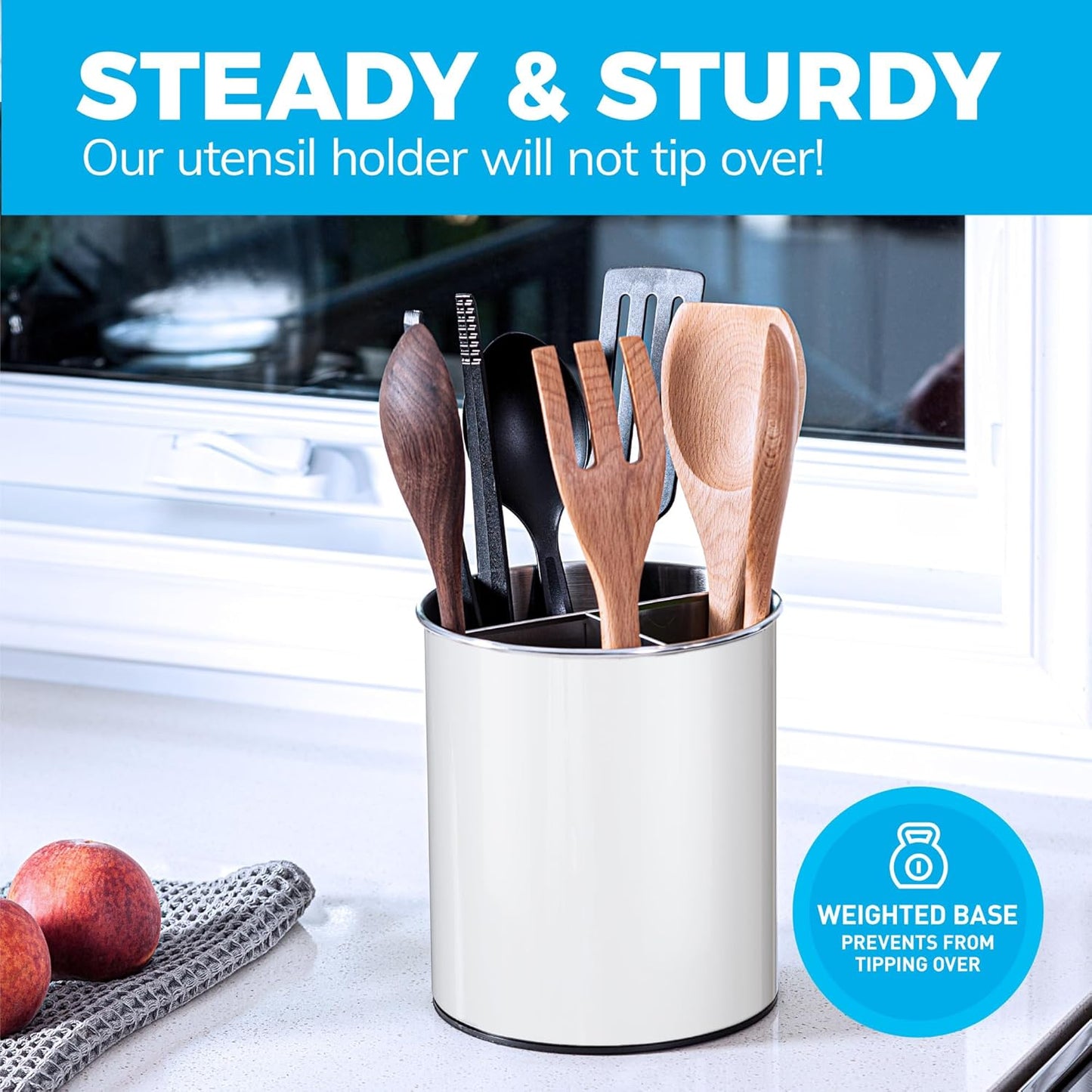 Rotating Extra Large Stainless Steel Utensil Holder Caddy with Sturdy No-Tip Weighted Base, Removable Divider, and Gripped Insert Bottom - Dishwasher Safe Metal Cooking Utensil Holder (White)