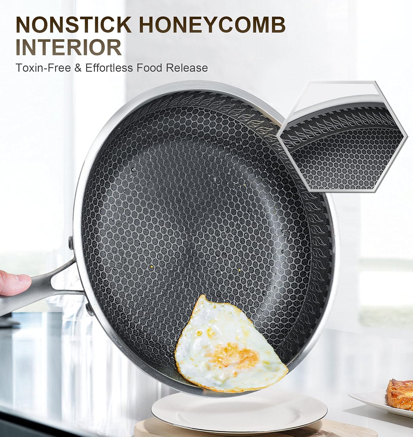 MICHELNAGELO Nonstick Frying Pans Set, Stainless Steel Frying Pan with Lid, 10 & 12 Inch Stainless Steel Pans with Honeycomb Coating, Large Frying Pan, Nonstick Skillet Induction Compatible