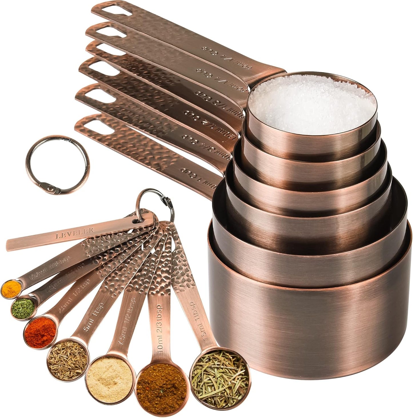 Copper Measuring Cups and Spoons - 6 Plated Cups, 7 Metal Spoons, 1 Leveler - Dry Measure Set