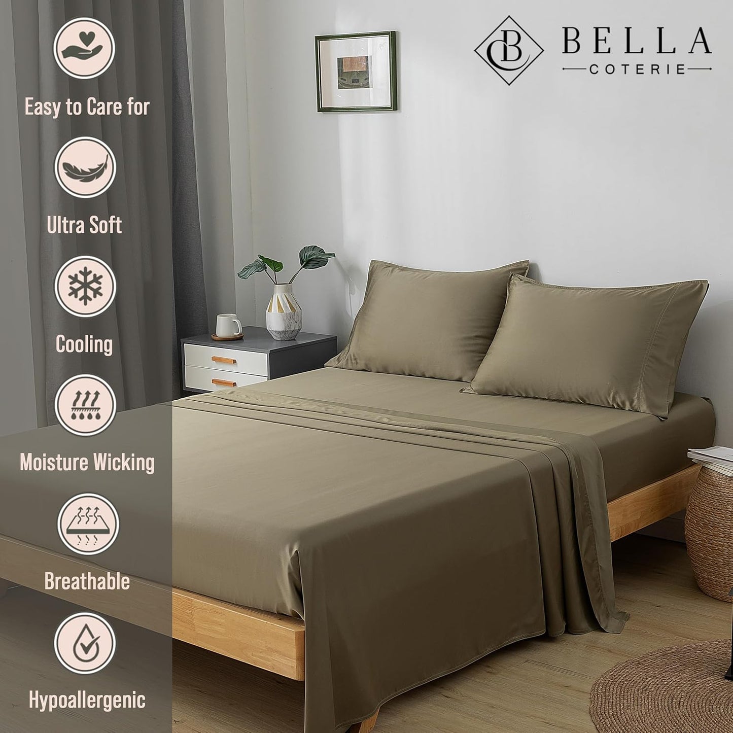 Bella Coterie Luxury Bamboo Viscose Queen Size Sheet Set | 100% Organically Grown | Ultra Soft | Cooling for Hot Sleepers | 18" Deep Pocket [Olive]