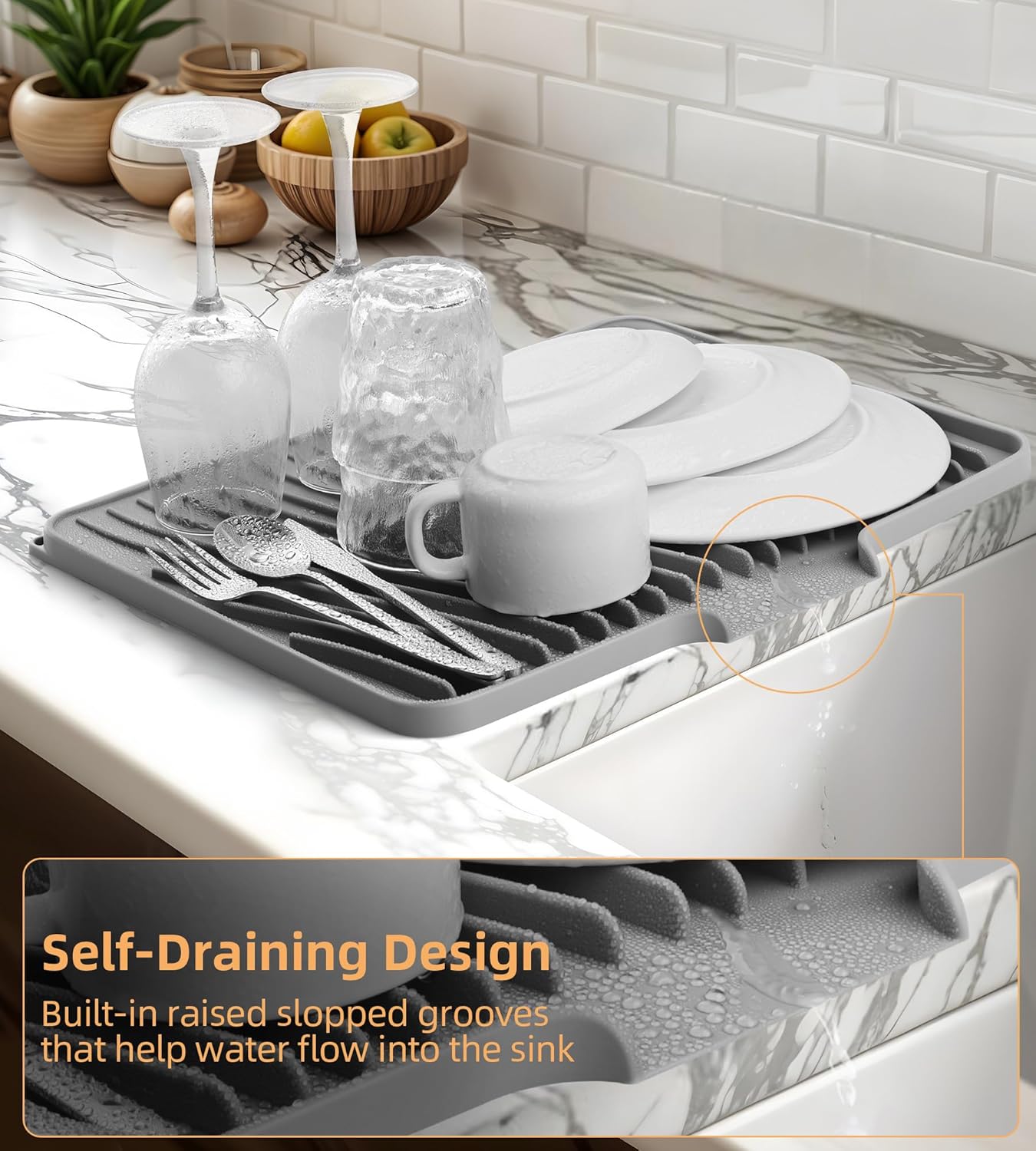 Fuyit Silicone Dish Drying Mat with Raised Drain Lip, Inclined Design, 16" x 13" Heat Resistant Non-Slip Mat for Kitchen Counter or Sink (Gray）