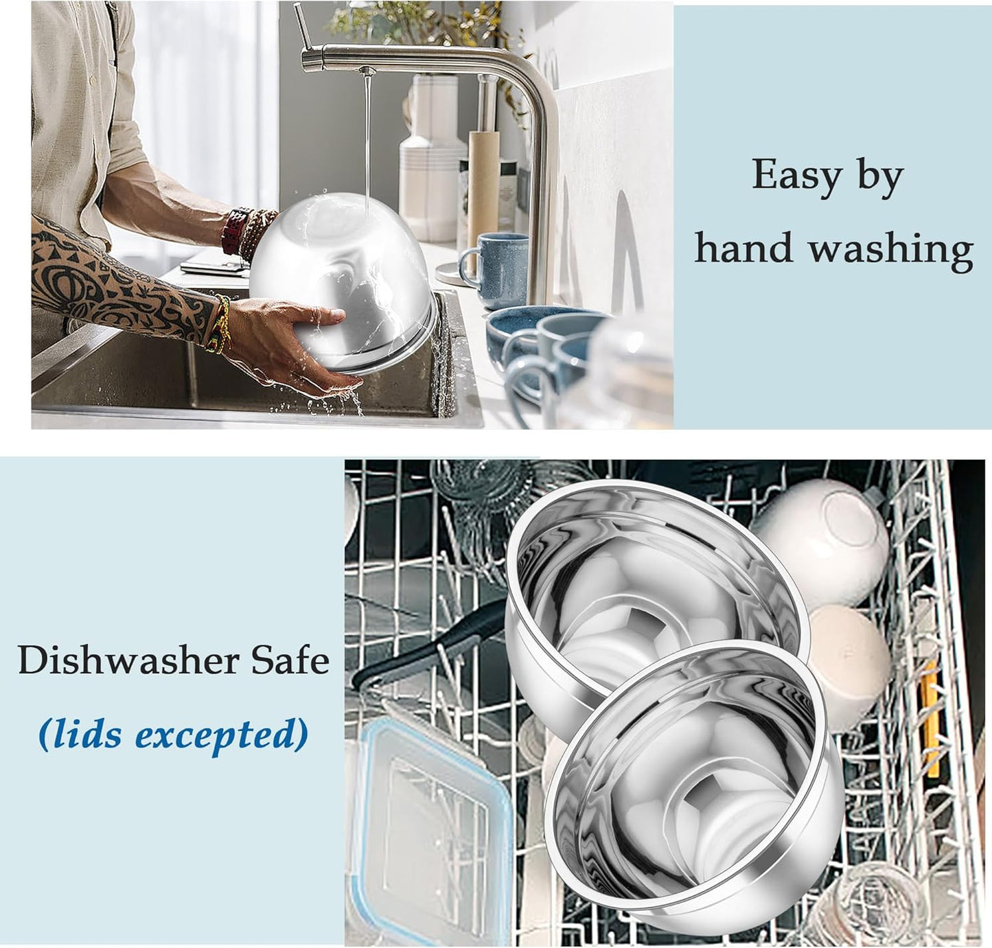 TeamFar Mixing Bowls, Stainless Steel Nesting Salad Bowls with Lids Set of 3 & 3 Grater Attachments, For Mixing/Serving/Storing, Non-toxic & Long-lasting, Size 4.6/3 / 1.5 QT, Navy Blue