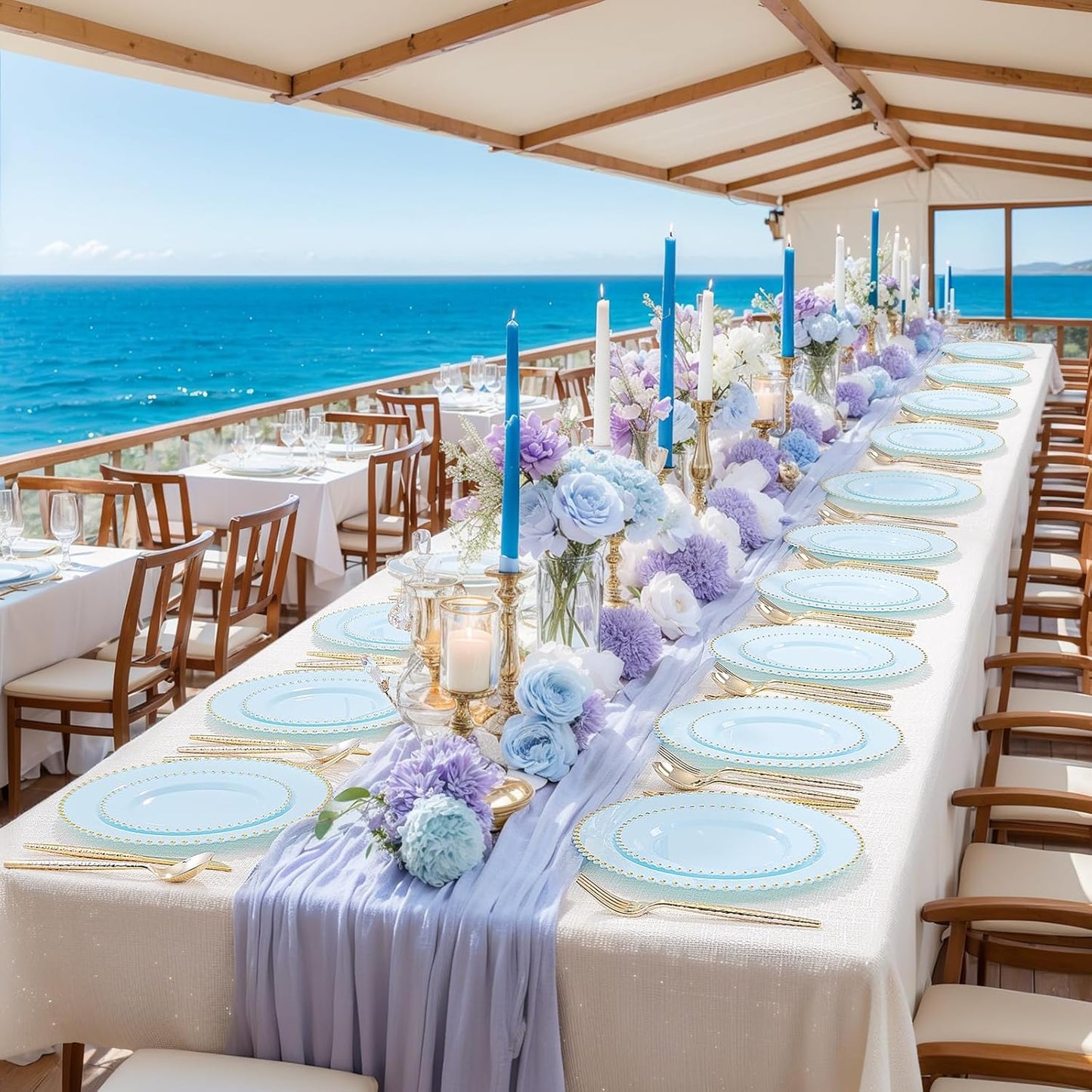 supernal 100PCS Blue Plastic Plates with Gold Beads - Disposable Heavy Duty Elegant Light Blue Plastic Plates Set Include 50 Dinner Plate and 50 Dessert Plate Perfect for Wedding, Birthday & Party