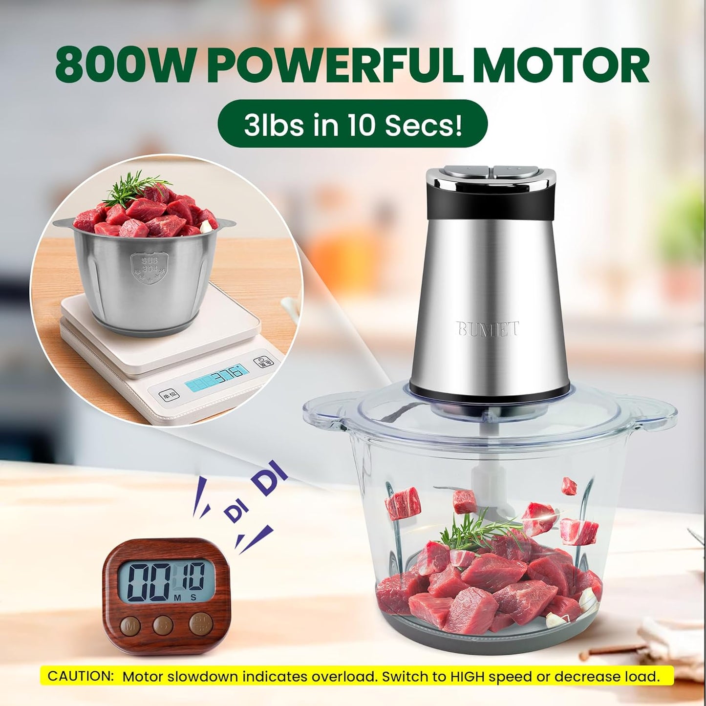 Electric Food Processor Meat Grinder 800W 2x12cups LED Timer Electric Food Chopper Vegetable chopper 3 layers 6 blades for Mincing Puree for home use kitchen aid for pet food,baby food by BUMET