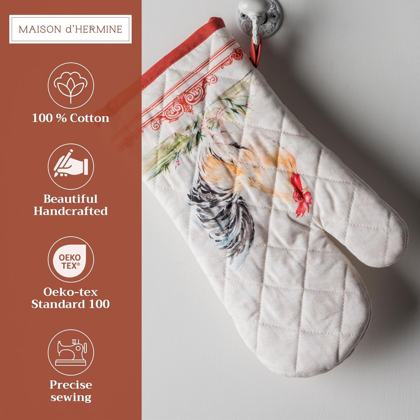 Maison d'Hermine Oven Gloves 100% Cotton Oven Mitt 7" x 13" with Loop Heat Resistant, BBQ, Cooking Gloves, Baking, Grilling, Kitchen, Handling Hot Pans Spring/Summer (Pack of 1, Campagne)