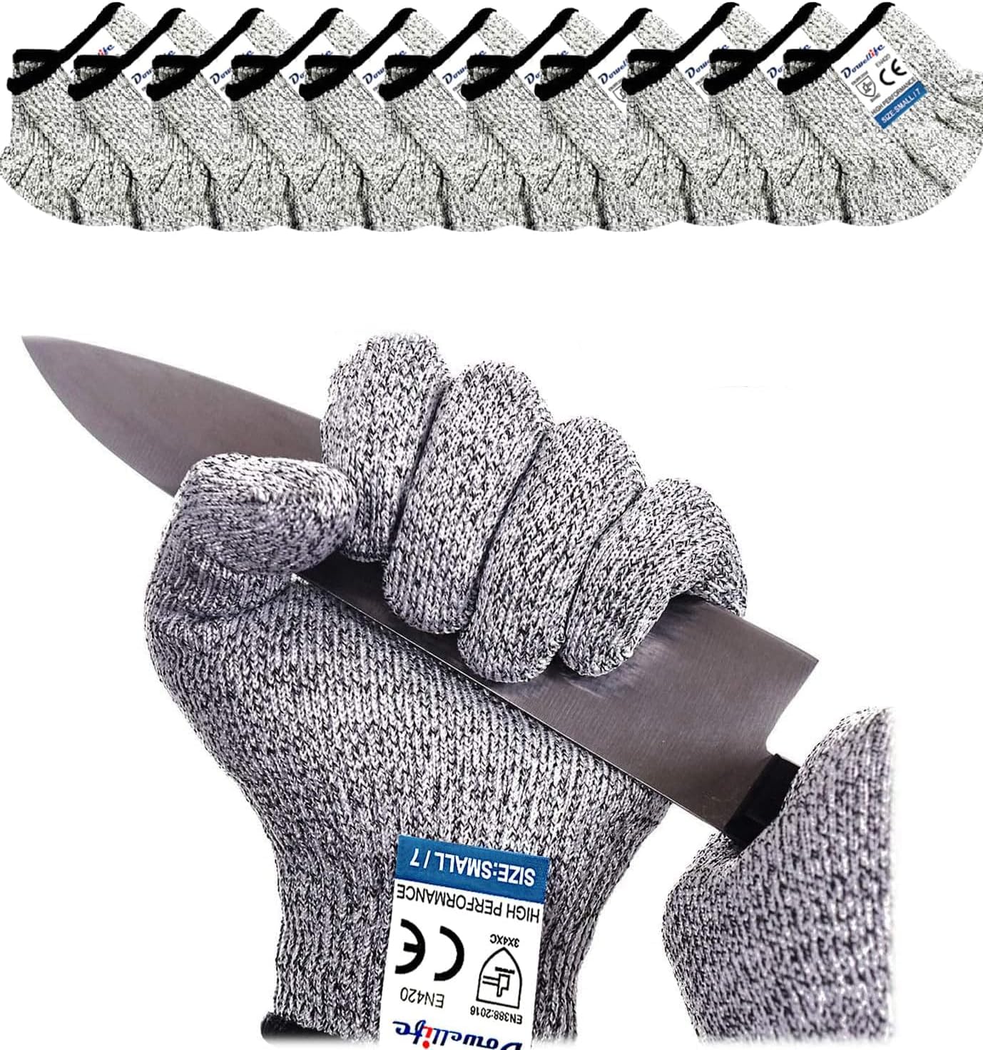 Dowellife Cut Resistant Gloves Food Grade Level 5 Protection, Safety Kitchen Cuts Gloves for Oyster Shucking, Fish Fillet Processing, Mandolin Slicing, Meat Cutting and Wood Carving. (Small-12 Pairs)