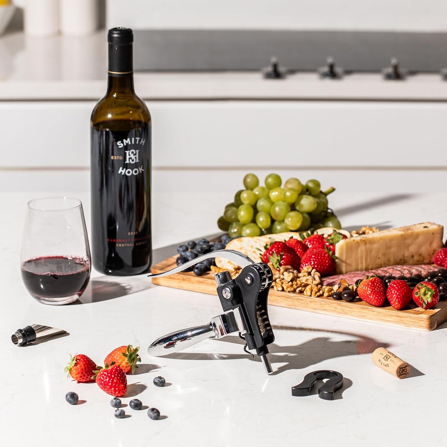 Wine Bottle Opener Set with Accessories Polished Silver in Wood Box, Aerator, Extra Screws, Foil Cutter, Pourer, Vaccu Stopper, Winged Wine Opener, Rabbit Red Wine Corkscrew Set (Polished Silver)