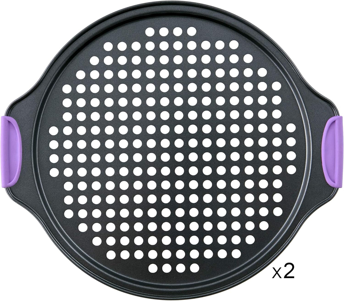 Amazing Abby - Chef Stacy - 2-Pack 13-Inch Non-Stick Pizza Pan with Holes, Perforated Pizza Crisper with Heat-Resistant Silicone Handle Grips, Oven-Safe Bakeware, Carbon Steel Baking Pan for Oven