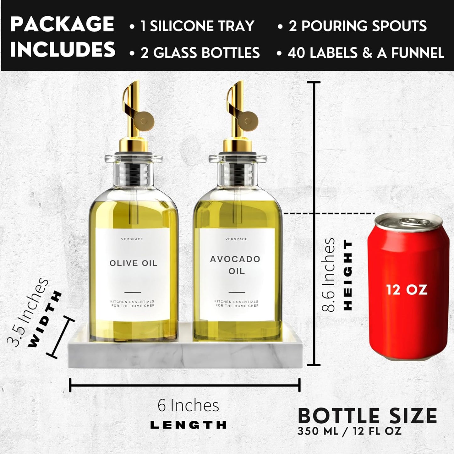 Olive Oil Dispenser Bottle For Kitchen With Silicone Tray & 40 Labels, Soy Sauce Dispenser, Coffee Syrup Dispenser, Olive Oil Bottles Set Of 2, Gold