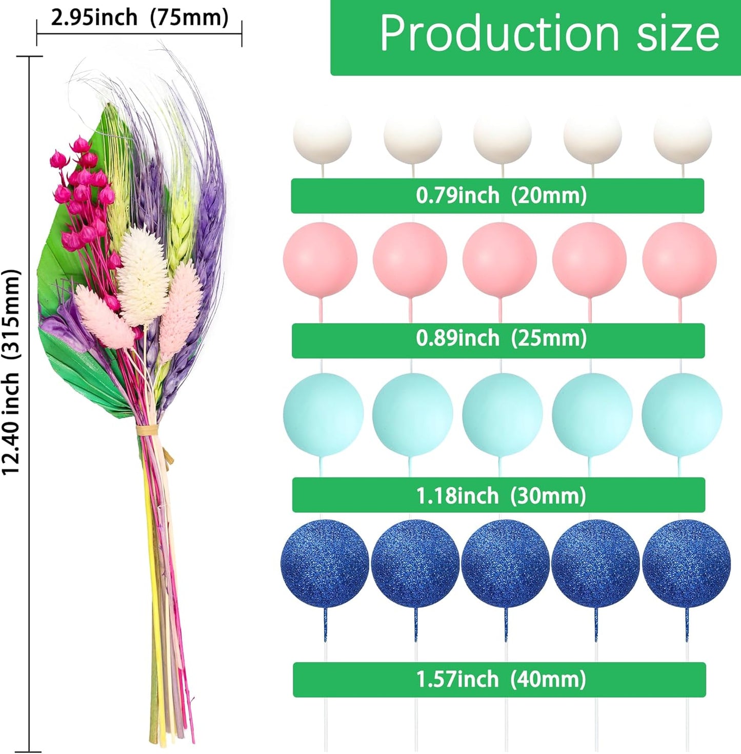 Gyufise 21 Pack Flower Boho Cake Topper Ball Cake Decorations Palm Leaves Plants Cake Decor for Girl Bohemian Princess Theme Wedding Baby Shower Birthday Party Supplies Blue Pink