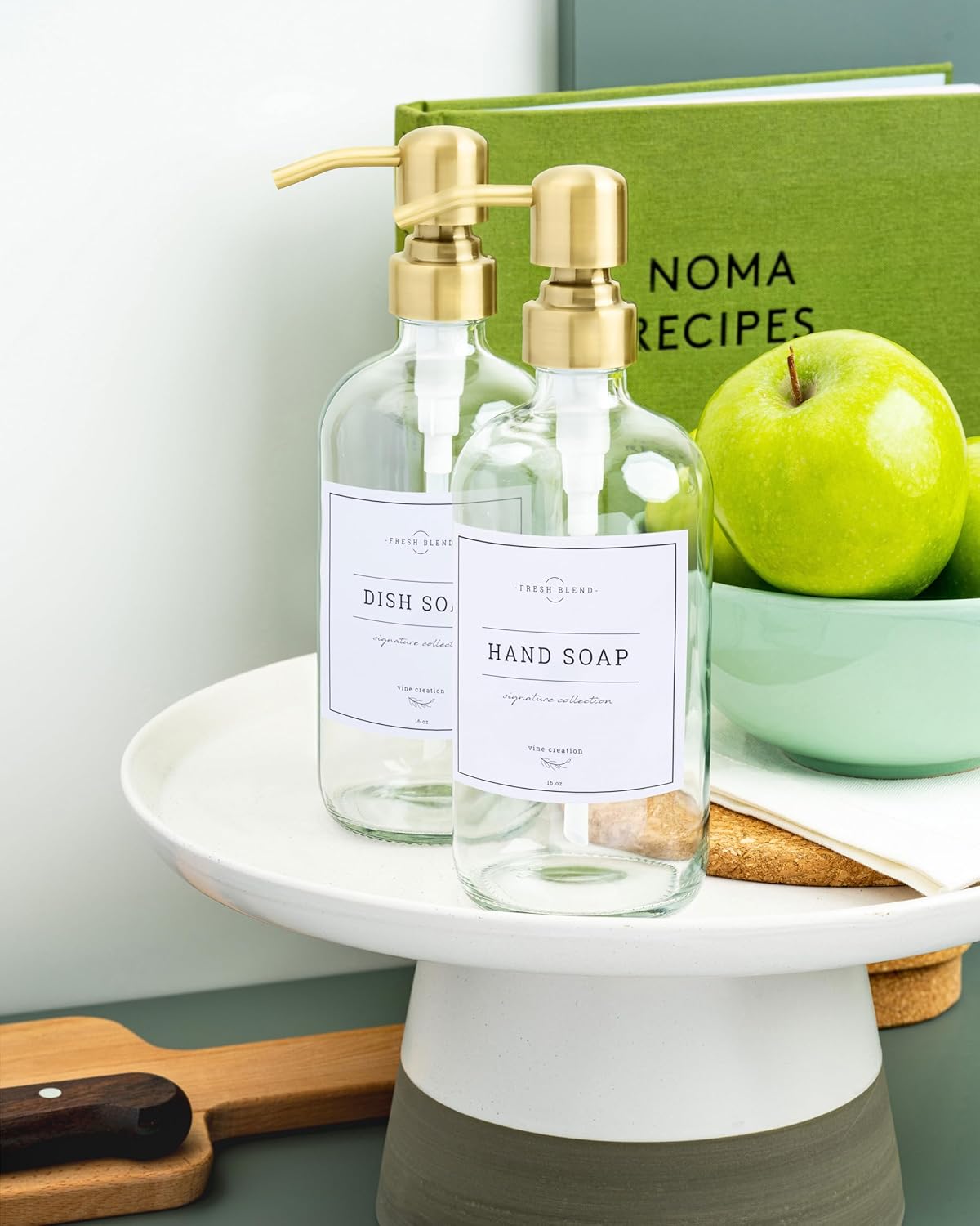 Vine Creations Clear Glass Soap Dispenser, 2 Pack Kitchen Soap Dispenser Set with Stainless Steel Pump, 16 oz Dish Soap and Hand Soap Dispensers for Bathroom with Waterproof Labels