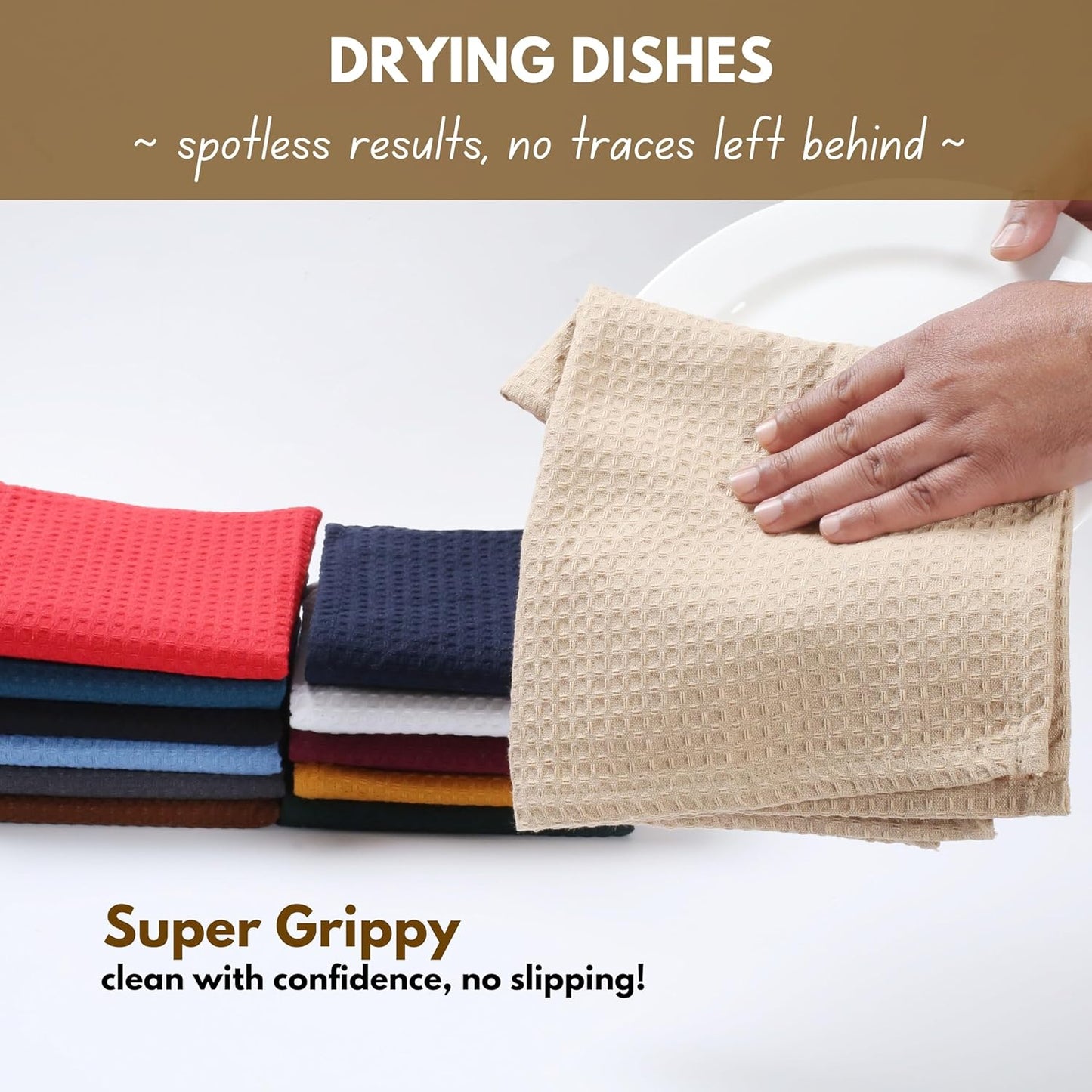 Native Fab Cotton Kitchen Towel with Hanging Loop 16x26 inches, 12-Pack, Waffle Weave Kitchen Towels for Cleaning Drying, Washcloths Soft & Absorbent Cloth Rags, Bar Towel, Dish Cloth, Beige