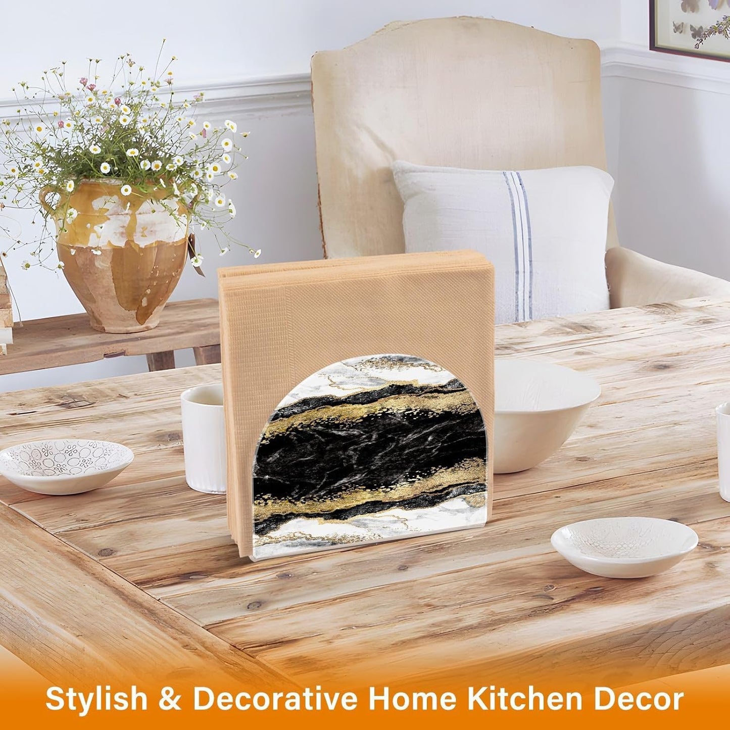 Black White Marble Gold Veins Napkin Holder for Table Paper Napkins Holder Acrylic Tissue Dispenser Kitchen Dining Room Bathroom Party Car Decor