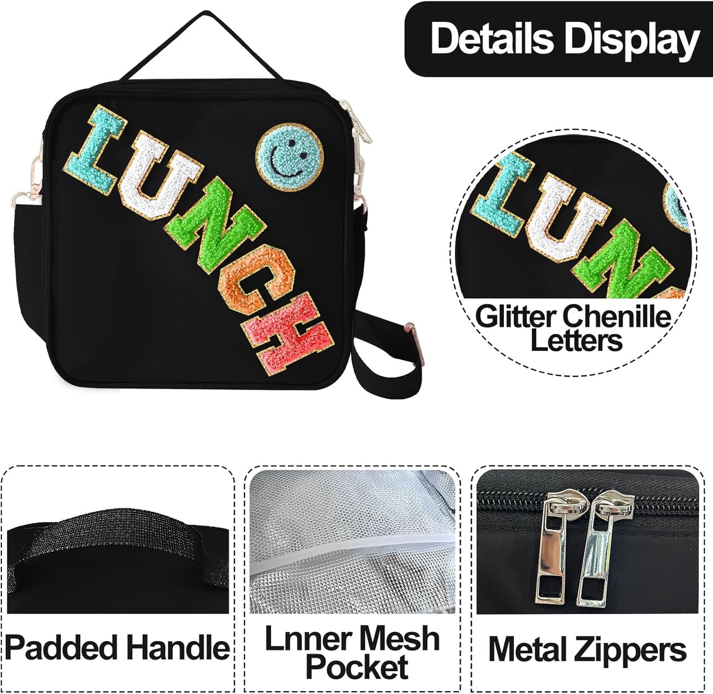 Insulated Lunch Bag With Adjustable Shoulder Strap, Nylon Preppy Lunch Box Large Insulated Lunch Bag Reusable Lunch Tote Bag with Smiley Preppy LunchBag for Girls School Travel Picnic (Black)