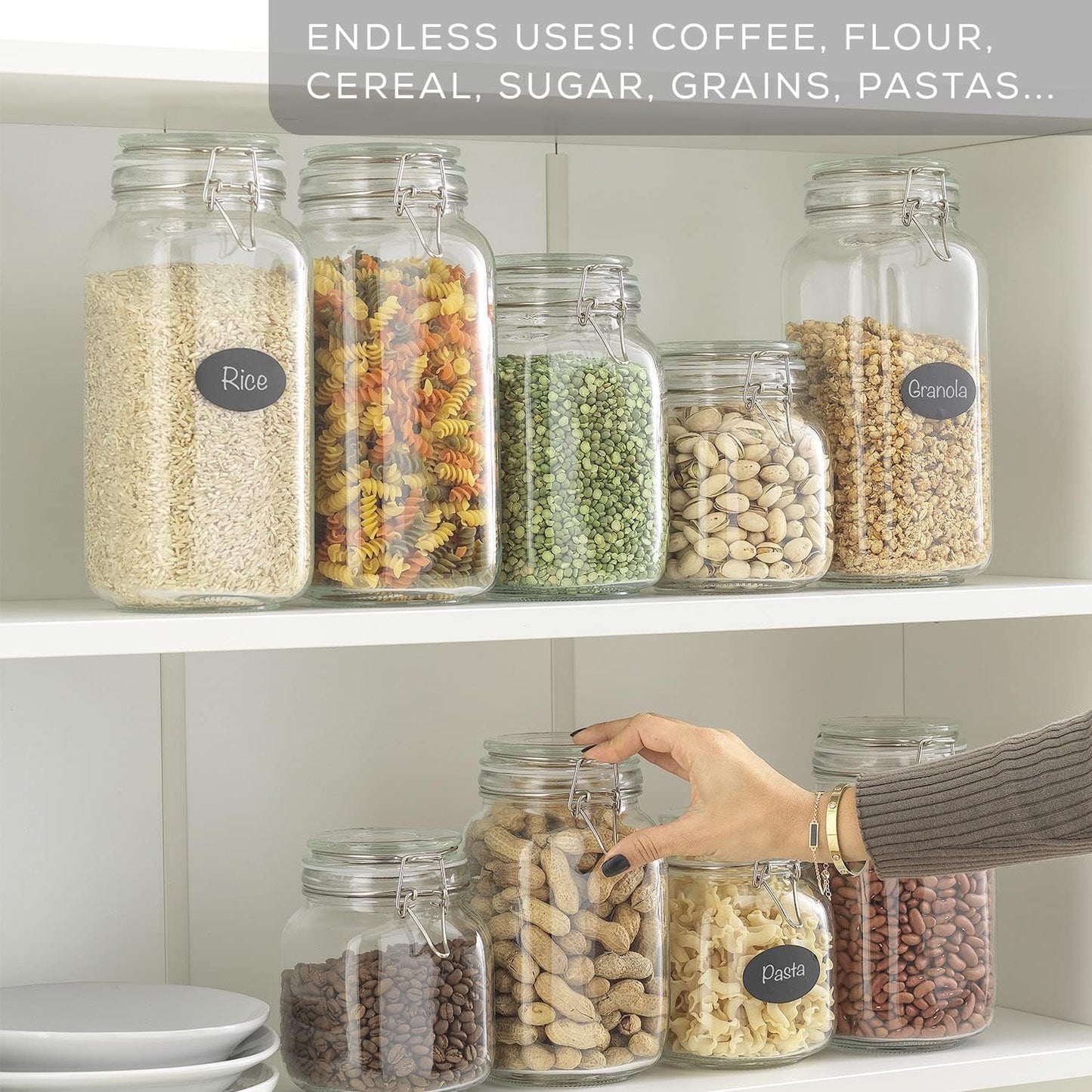 Airtight Glass Jars with Lids Set of 3. 50oz Glass Jar with Lid and 6 Silicone Seals! Med Glass Food Storage Containers. Square Mason Jar, Flour Jar, Candy or Cookie Jars for Kitchen Counter