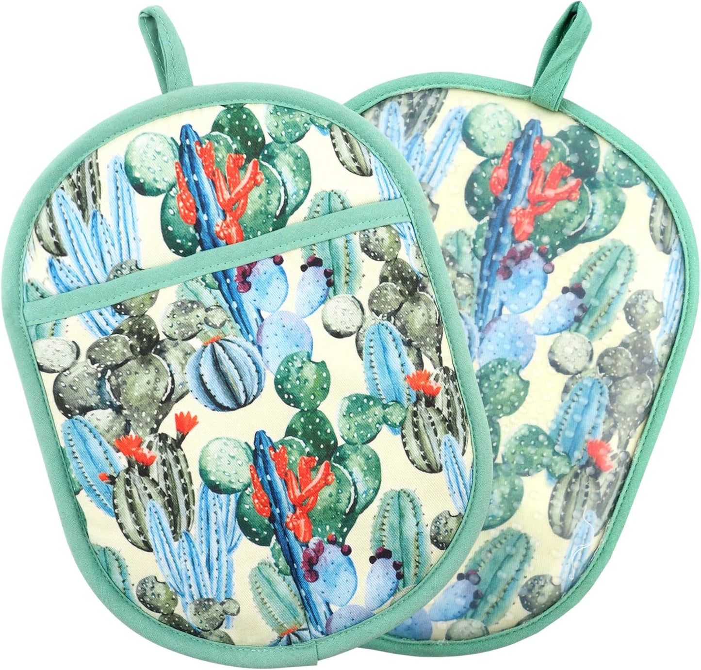 Pot Holders Set of 2 with Transparent Clear Silicone Shell and Nice Cactus Flower Cotton Lining, Heat Resistant to 500 F Kitchen Oven Gloves Pot Holder for Cooking (Cactus Flower, Potholders)