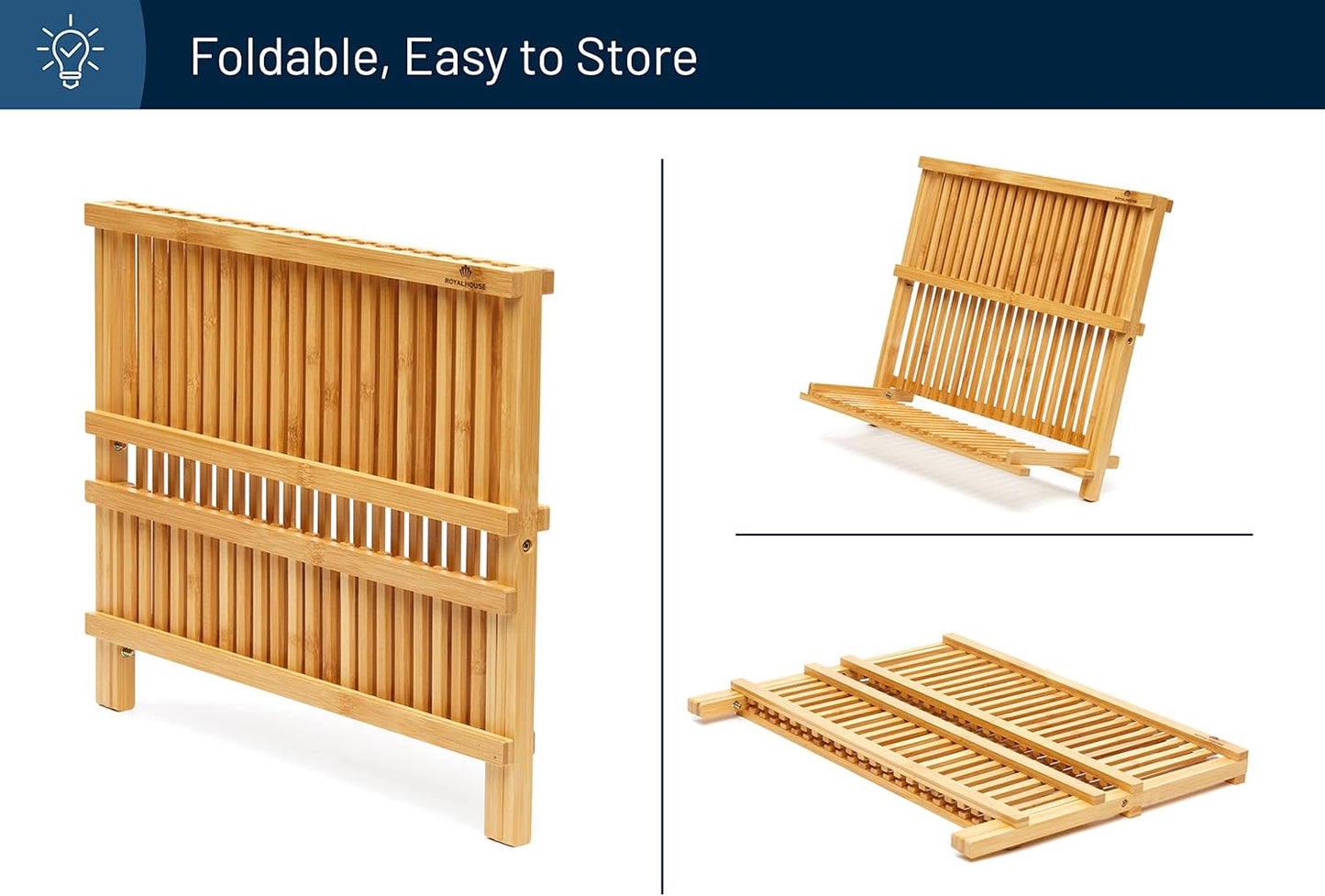 RoyalHouse Premium Natural Bamboo Dish Rack, Collapsible Dish Drainer, Foldable and Compact Dish Drying Rack for Kitchen Counter