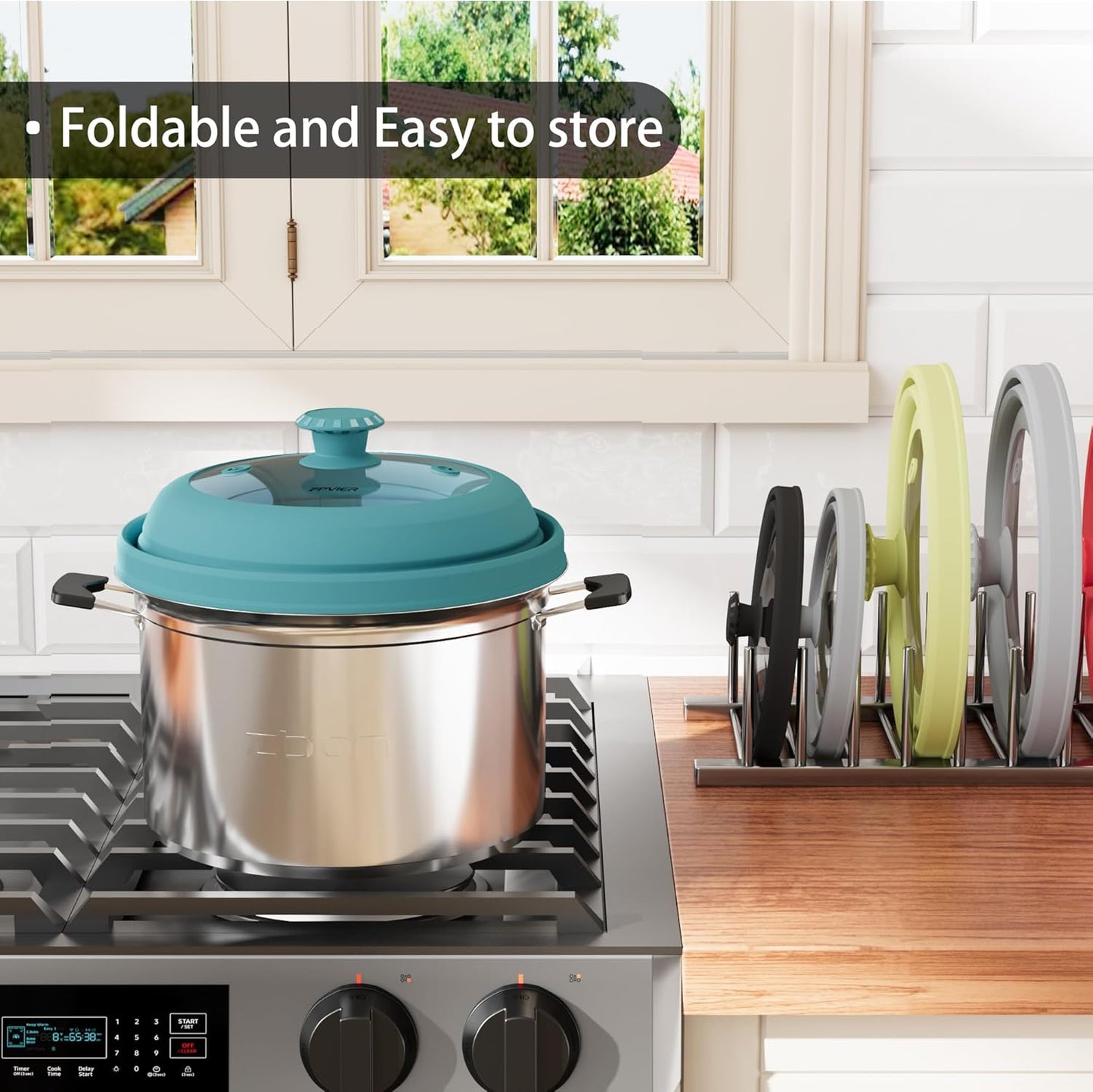 Collapsible Microwave Splatter Cover - Vented Silicone & Glass Lid with Easy-Grip Handle, Fits 6 to 11 Inch Plates & Bowls, 11.8 Inch Diameter, Prevents Splatters & Ensures Even Heating