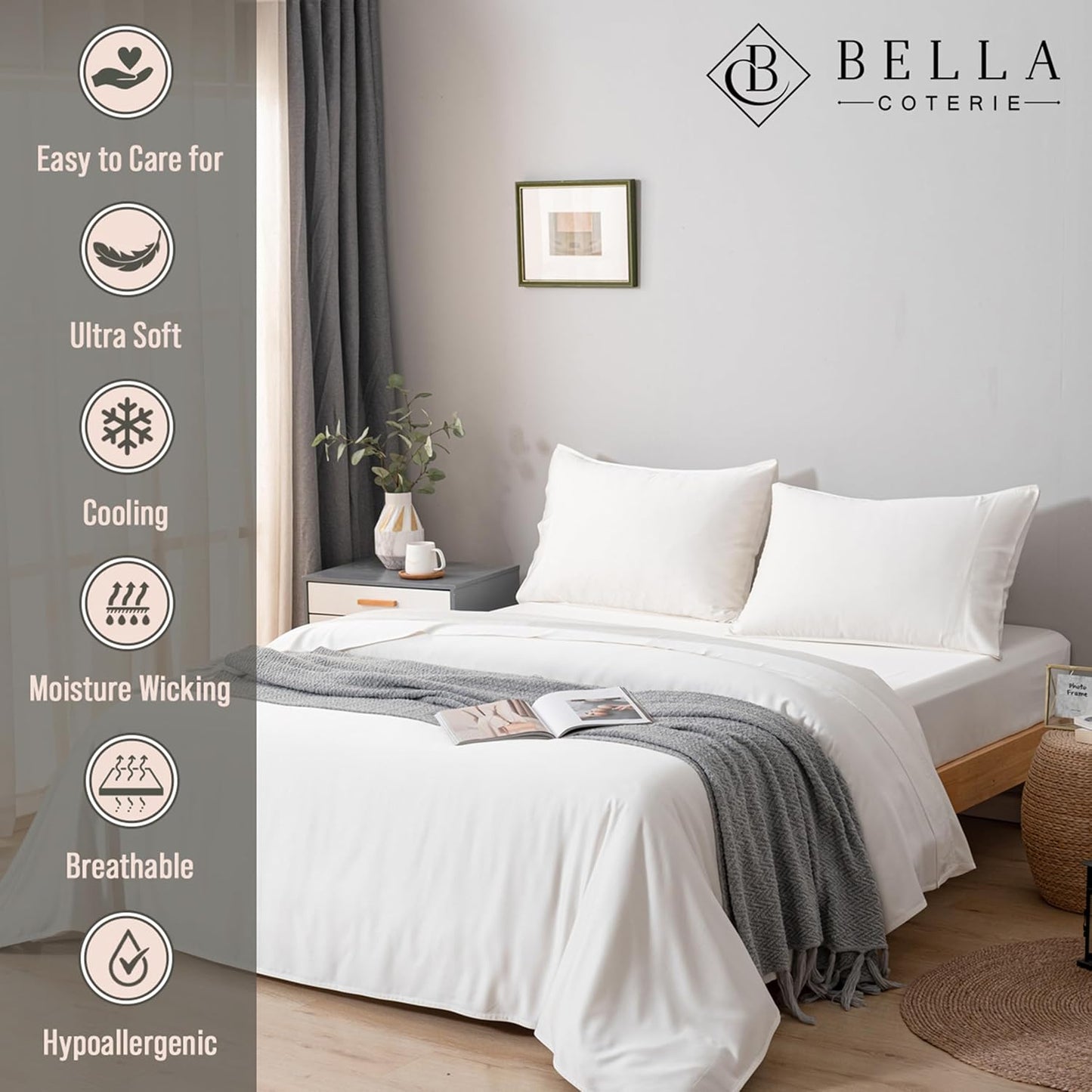 Bella Coterie Luxury Bamboo Viscose Split Top King Size Sheet Set | 100% Organically Grown | Ultra Soft | 34" Split | Cooling for Hot Sleepers | 18" Deep Pocket [Ivory]
