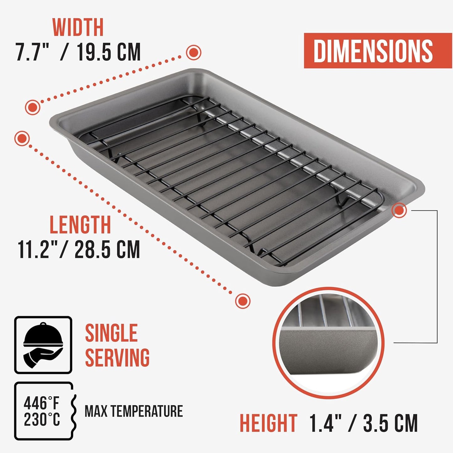 Chef Pomodoro Nonstick Carbon Steel Small Roasting Pan with Rack, Roasting Pan for Countertop Oven Baking, Single Serving, Grey (Mini)