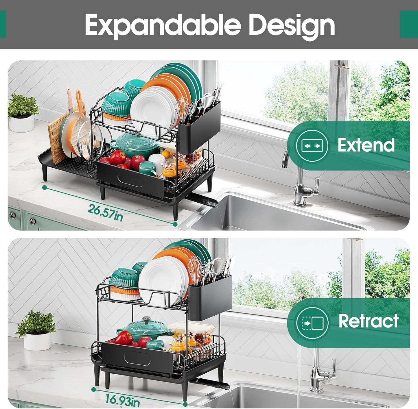 Dish Drying Rack for Kitchen Counter, Expandable 2 Tier Dish Rack, Large Capacity Dish Drainer with Drainboard Multifunctional Dish Strainer with Removable Cutlery Holder Black