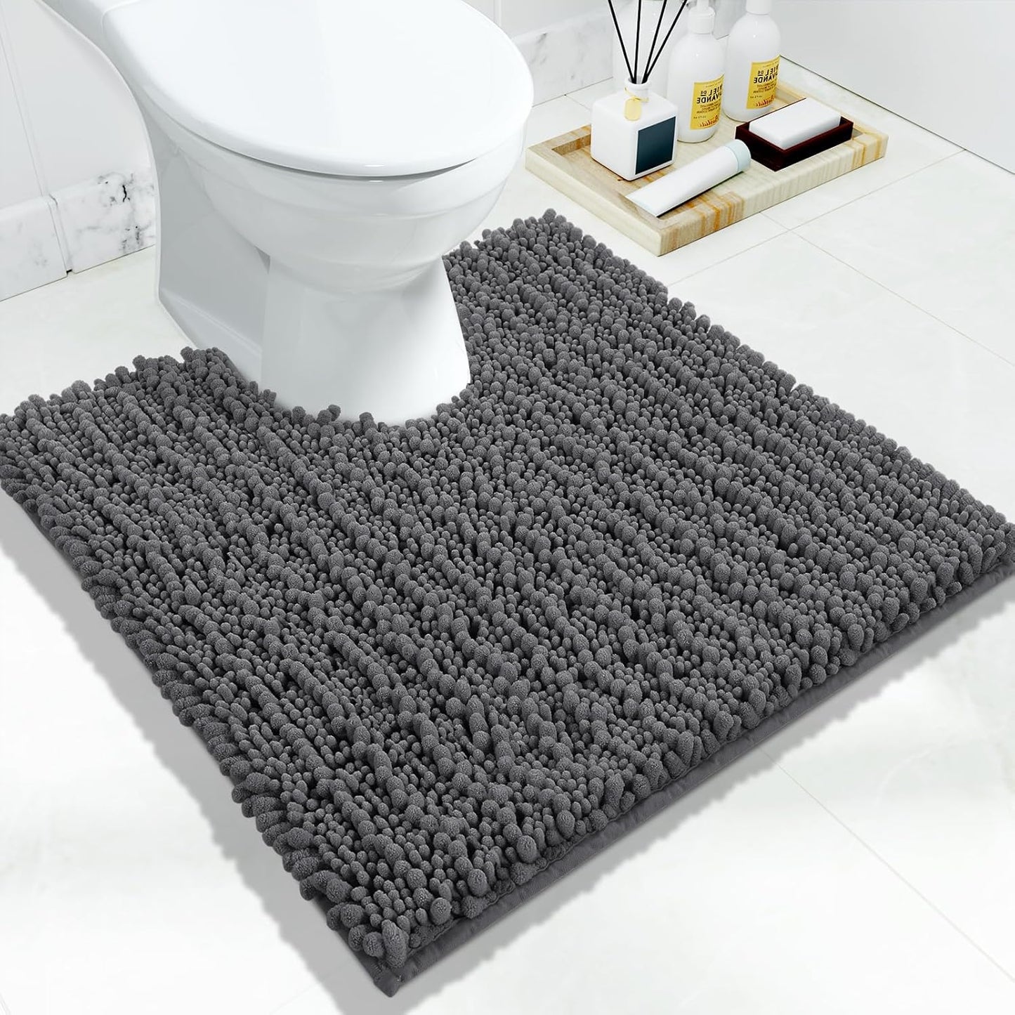 Yimobra Toilet Rug U Shaped Washable 24x20 Inch - Ultra Soft Absorbent Chenille Bath Rugs for Toilet, Quick Dry & Machine Washable, Non Slip Contour Bathroom Mat, Dark Gray