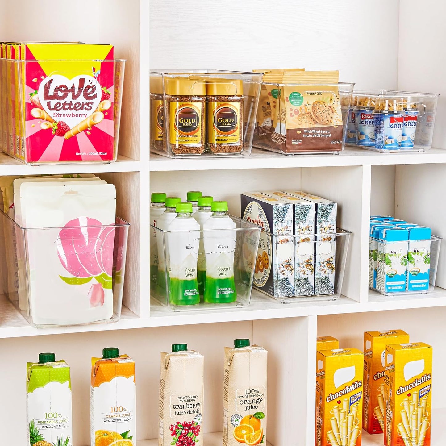 YIHONG 6 Pack Clear Pantry Organizer Bins, Plastic Containers with Handle for Kitchen,Freezer,Cabinet,Closet,Bathroom Under Sink Storage