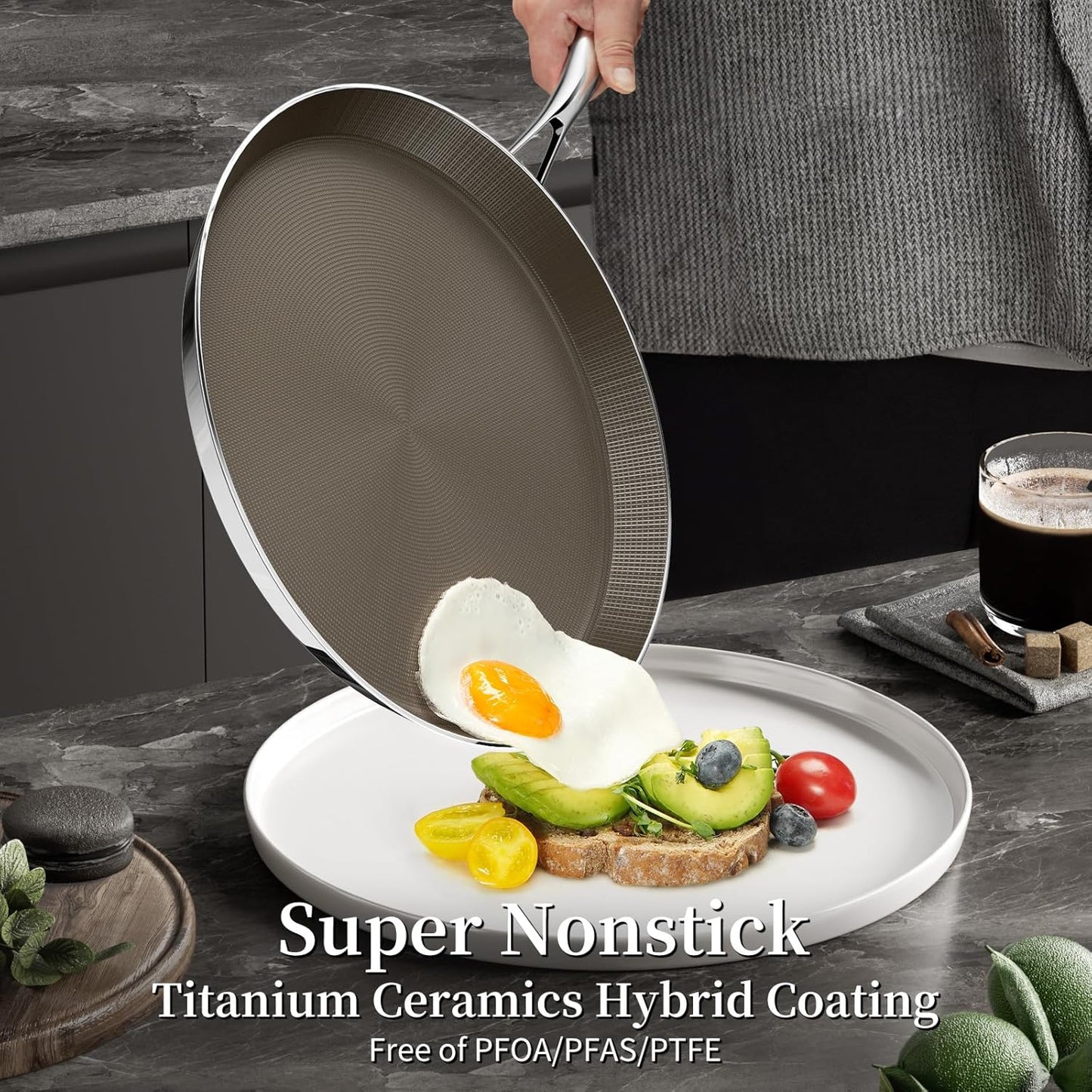 10 Inch Stainless Steel Crepe Pan - Titanium Ceramic Nonstick Crepe Pan, Stainless Steel Pancake Pan, Non Stick Flat Skillet Tawa Dosa Tortilla Griddle Pan, Induction Compatible, PFOA&PFAS Free