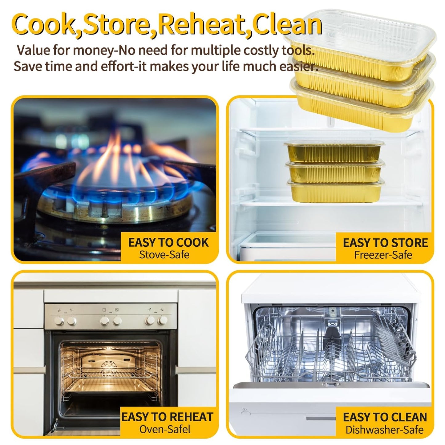 Aluminum Pans with Lids Half Size 9x13 Extra Heavy Duty (15 Pack + 15 Lids), Disposable Gold Aluminum Foil Baking Pans Double Thick Tin Foil Food Container with Lids for Baking, Heating, Cooking