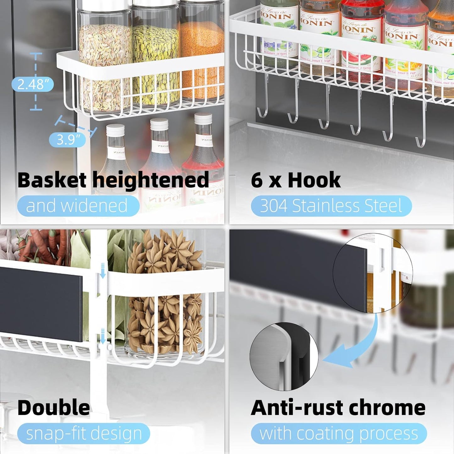 Warome Magnetic Spice Rack for Refrigerator, 4 Tier Shelf Organizer with Strong Magnets, Kitchen Storage Gadget with Utility Hooks