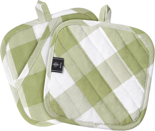 Cotton Pot Holders for Kitchen Heat Resistant Potholder Hot Pads Trivet Coaster Non-Slip Potholders Set for Cooking and Baking (2, Green Plaid, Square，8.27 in²)