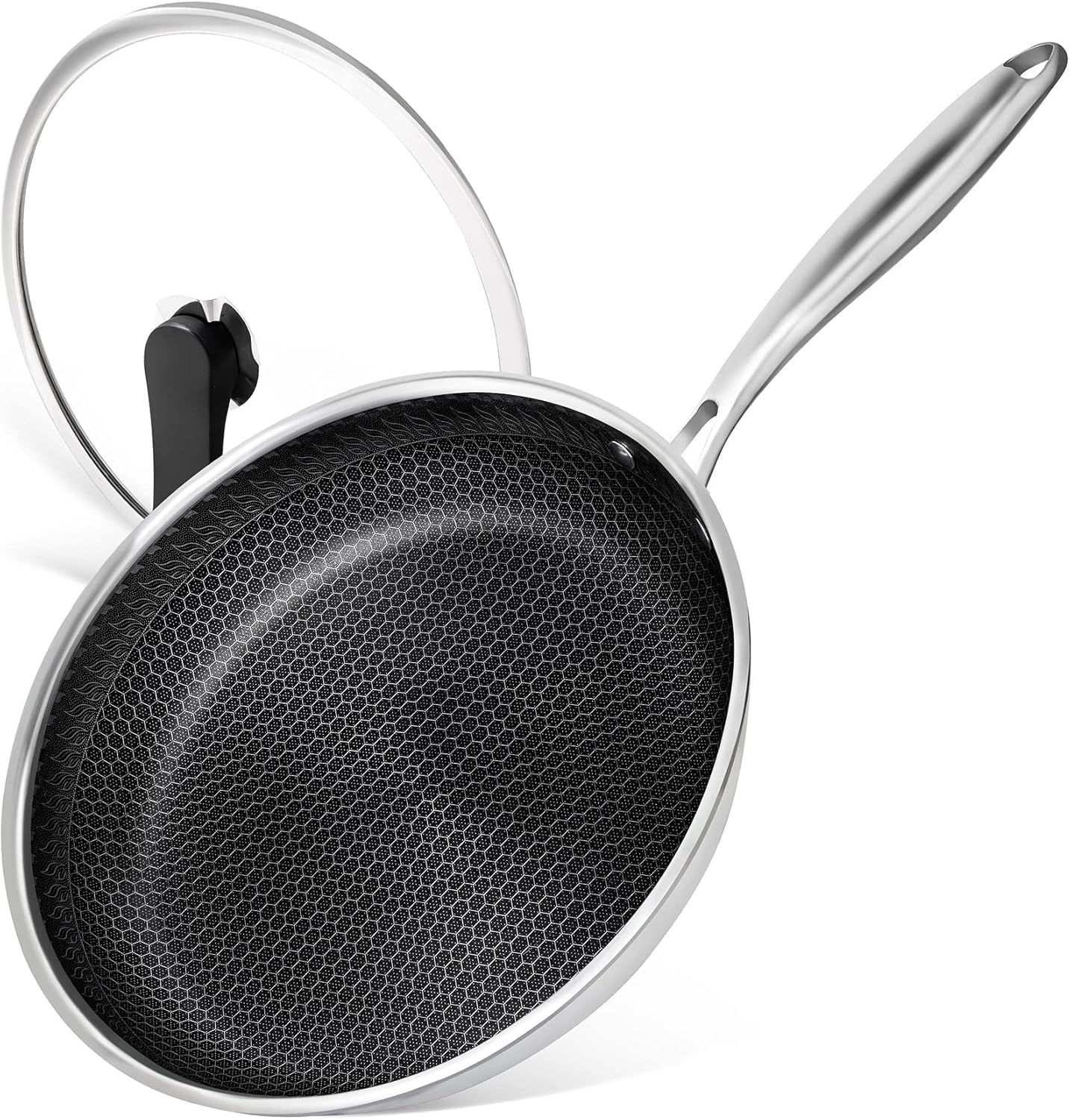 MICHELANGELO 12 Inch Stainless Steel Frying Pan with Lid, Nonstick with Honeycomb Coating, Triply Skillet - Induction Compatible