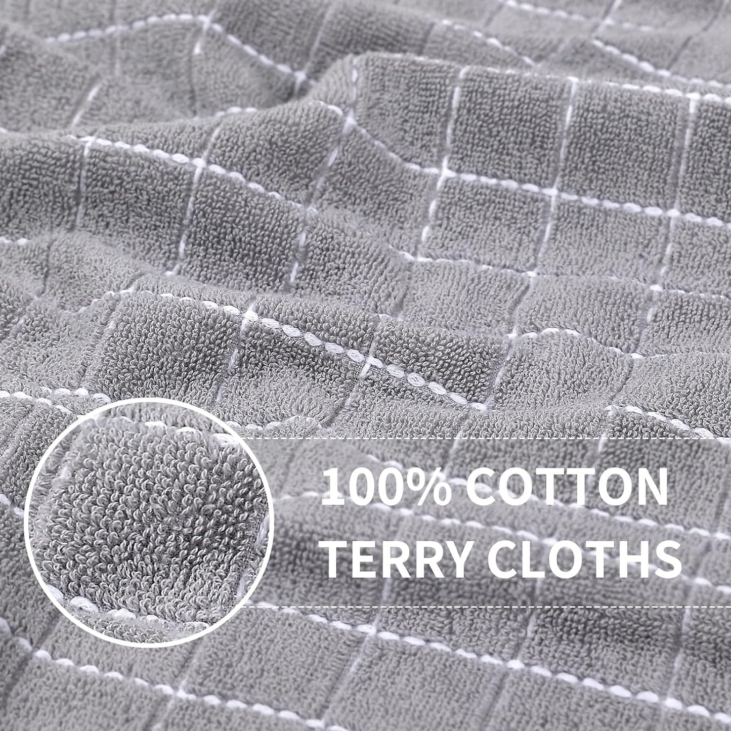 Homaxy 100% Cotton Terry Kitchen Towels(Light Grey, 13 x 28 inches), Checkered Designed, Soft and Super Absorbent Dish Towels, 12 Pack