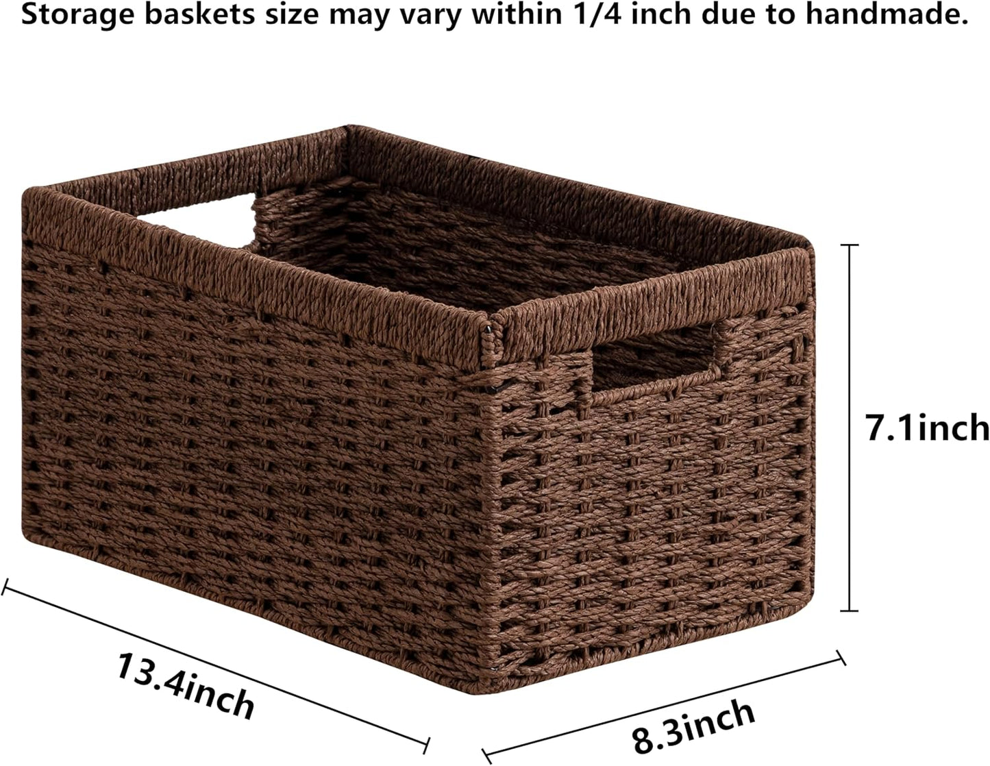 UBBCARE 2 Pack Wicker Basket, 13.4L×8.3H×7.1W inch Woven Paper Rope Storage Baskets for shelves, Foldable Rectangular Storage Baskets with Handle, Storage Basket for Organizing, Dark Brown