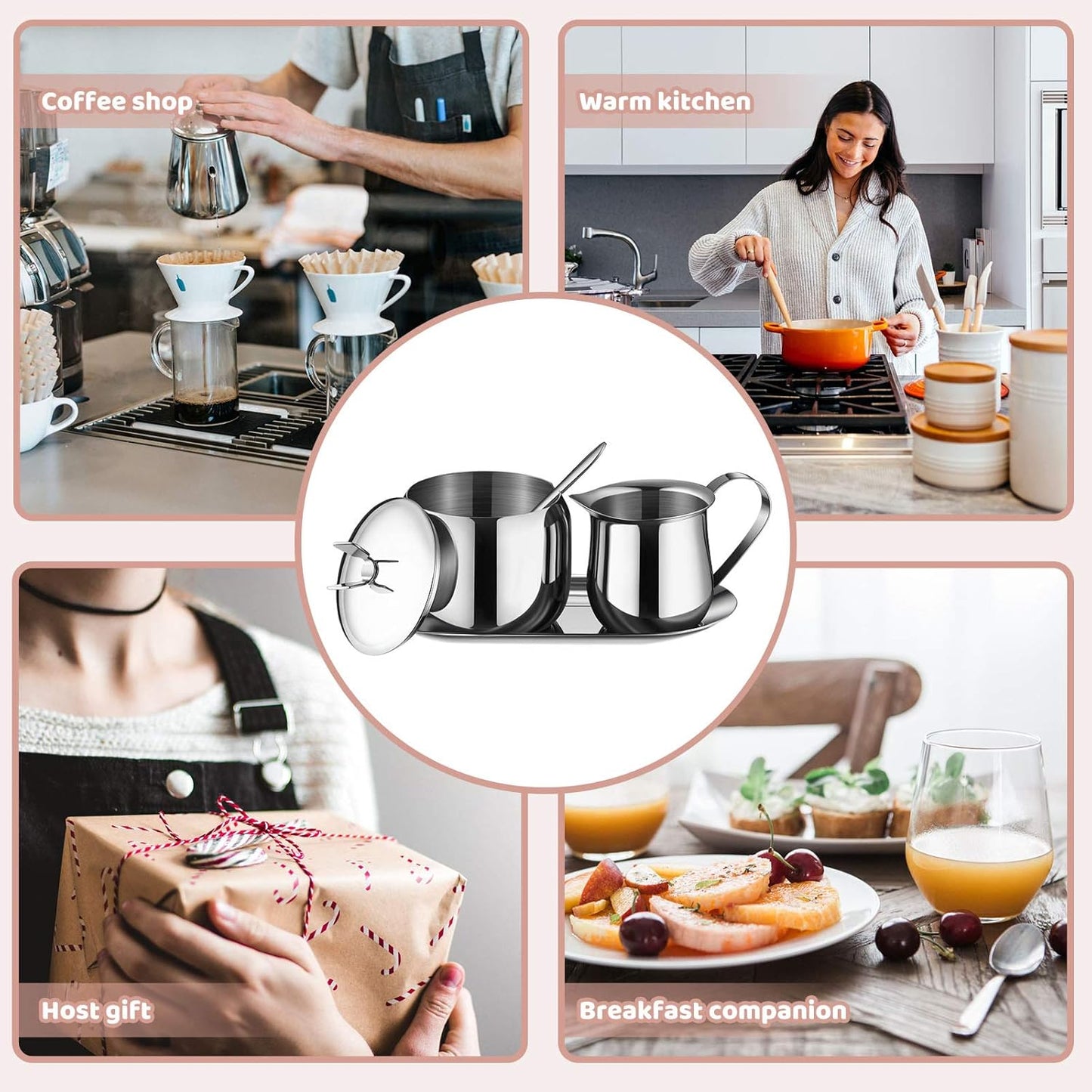 Creamer and Sugar Bowl Set Stainless Steel Latte Milk Cup Cream Jug and Sugar Bowl with Lid Spoon Tray for Coffee Serving Set Frothing Milk