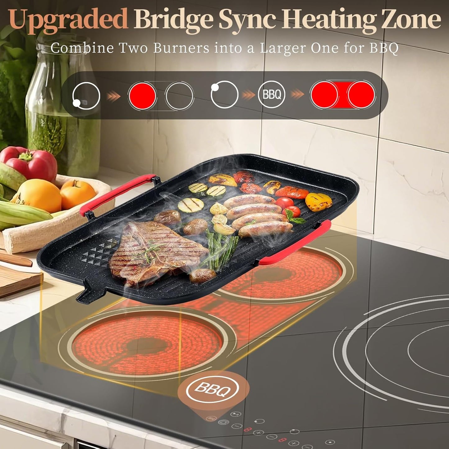 36 Inch Electric Cooktop - 5 Burner Electric Stove Top Powerful 9600W, 36 Inches Built-in Ceramic Stove with Large 3900W Flexible Zone, Timer, Safety Lock, 220V - 240V Hard Wired (No Plug)