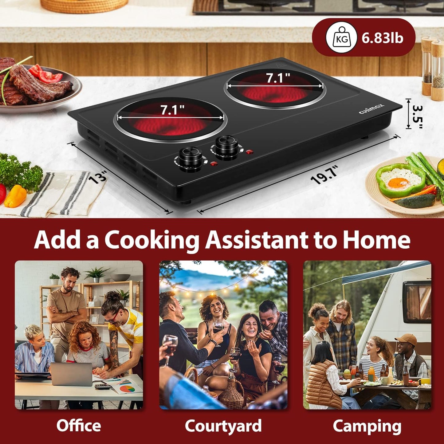 CUSIMAX Double Burner, 1800W Ceramic Electric Hot Plate for Cooking, Dual Control Infrared Cooktop, Portable Countertop Burner, Glass Plate Electric Cooktop, Stainless Steel Black