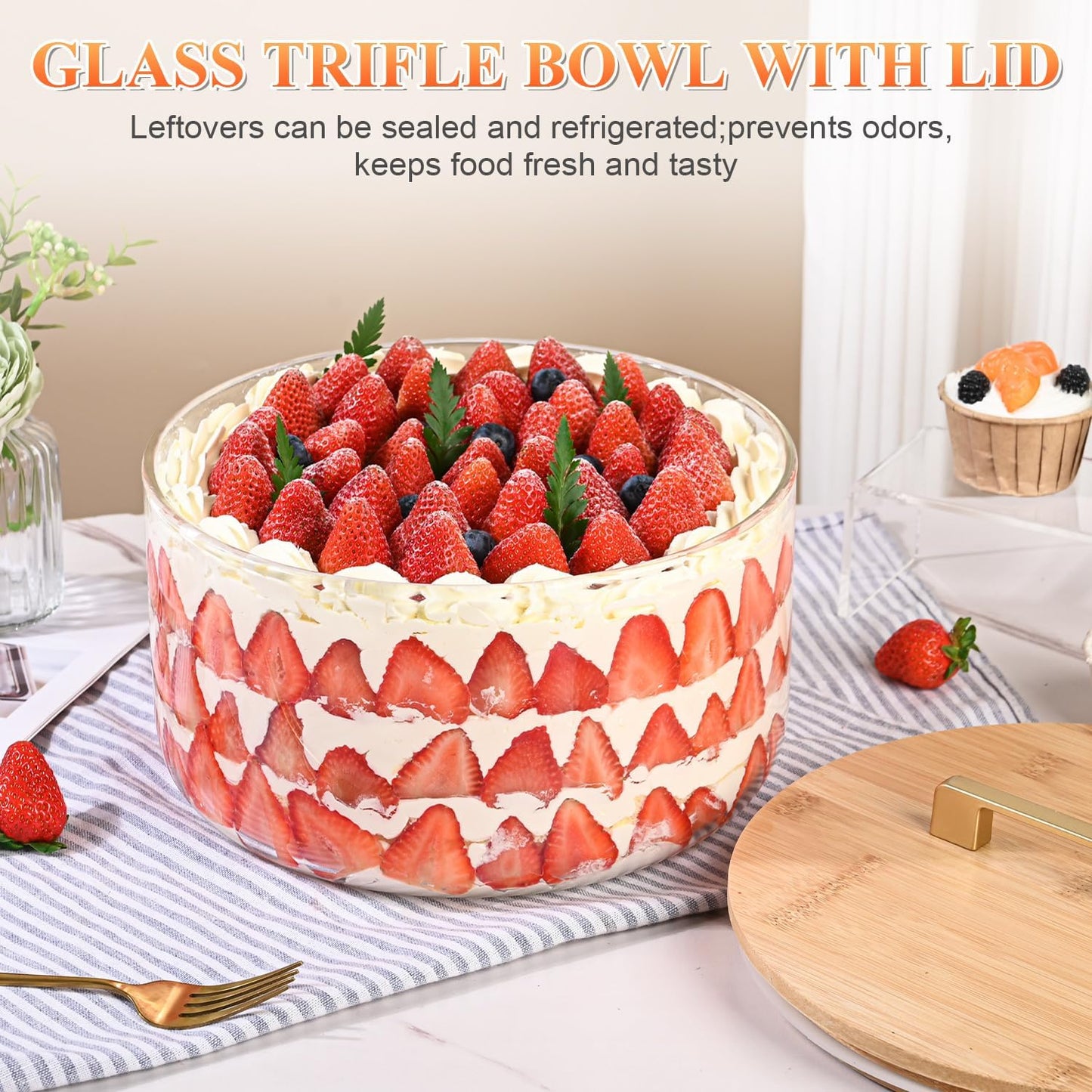 Large Salad Bowl, 8 inch Trifle Bowl Glass with Sealed Lid, Versatile Mixing and Serving Bowl for Laying Ice Cream,Cake,Cupcake,Salad,Fruit,Baking,Dessert and Party Diy, Microwave Safe