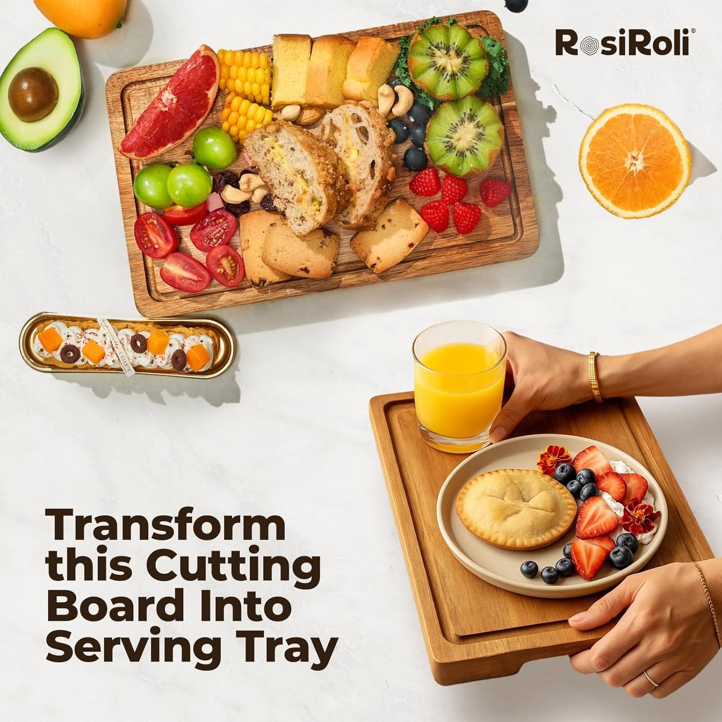 Acacia Wood Cutting Board for Kitchen - 1 inch Thick FSC Certified Wood Charcuterie Cheese Board with Side Handles and Juice Grooves, Wooden Chopping Block for Meat and Veggies, 17x12 inch