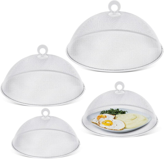 Baderke 4 Pcs Metal Mesh Food Cover 14'' 12'' 11'' 10'' Outdoor Picnic Food Net Covers for Outside Keep out Flies for Table Picnic Camping(White)